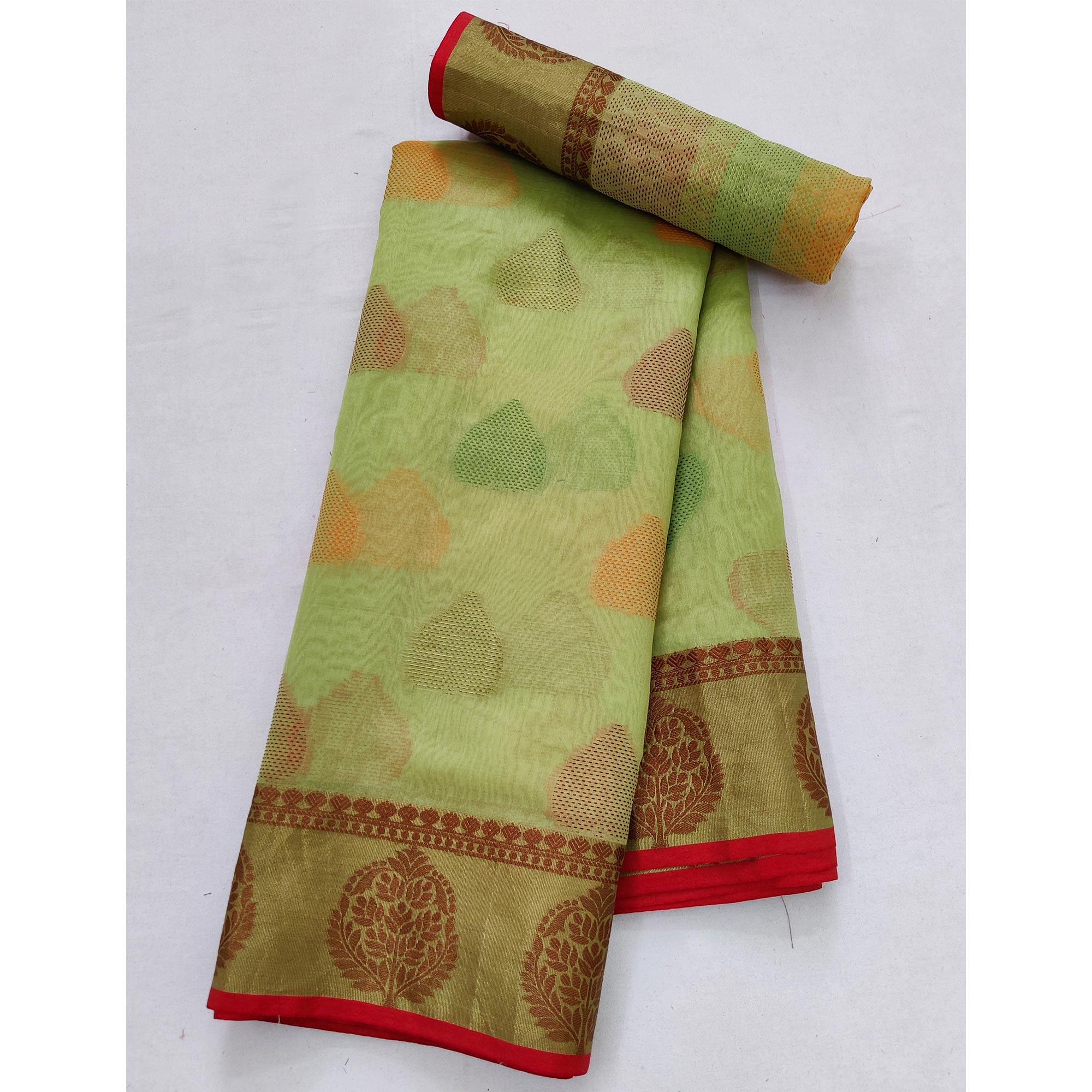 Peachmode Light Pista Green Festive Wear Woven Rich Pallu Organza Saree - view 3