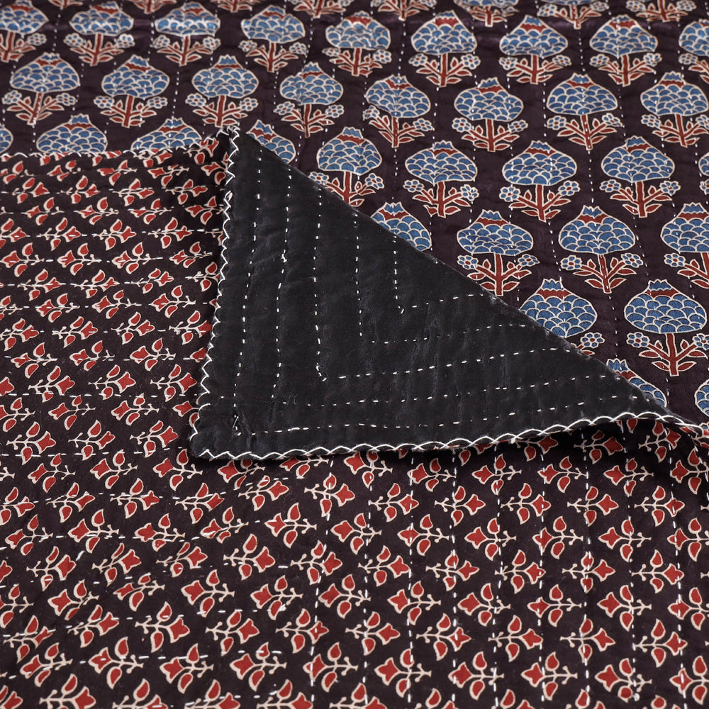 KACHCHH JI CHHAAP Black - Reversible Ajrakh Patch & Tagai Work Mashru Silk Single Bed Cover / Quilt (90 x 59 in) - view 4