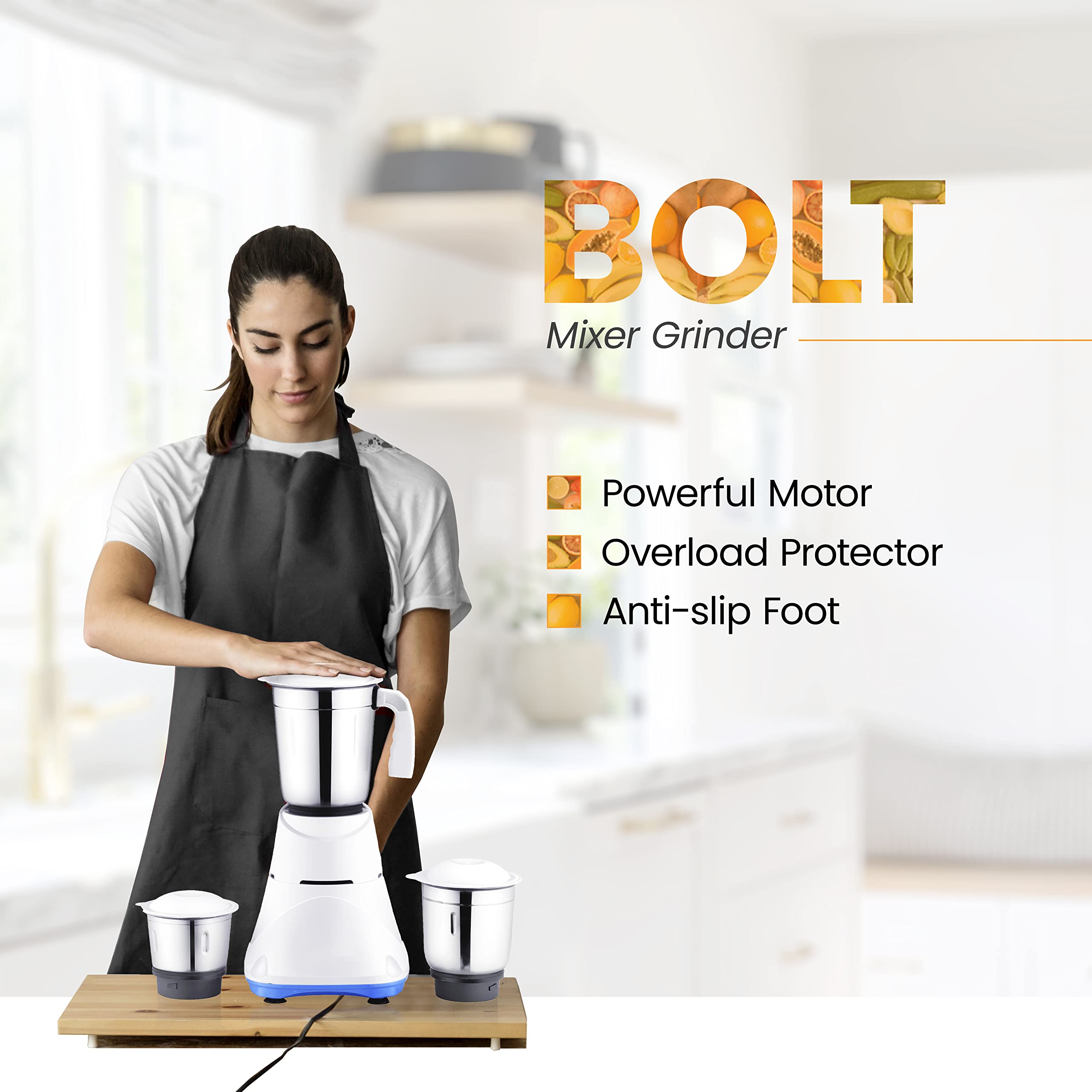 Candes Bolt 550-Watt Mixer Grinder with 3 Jars, Powerful Motor and 2 Year Warranty on Motor, (Blue White) - view 2