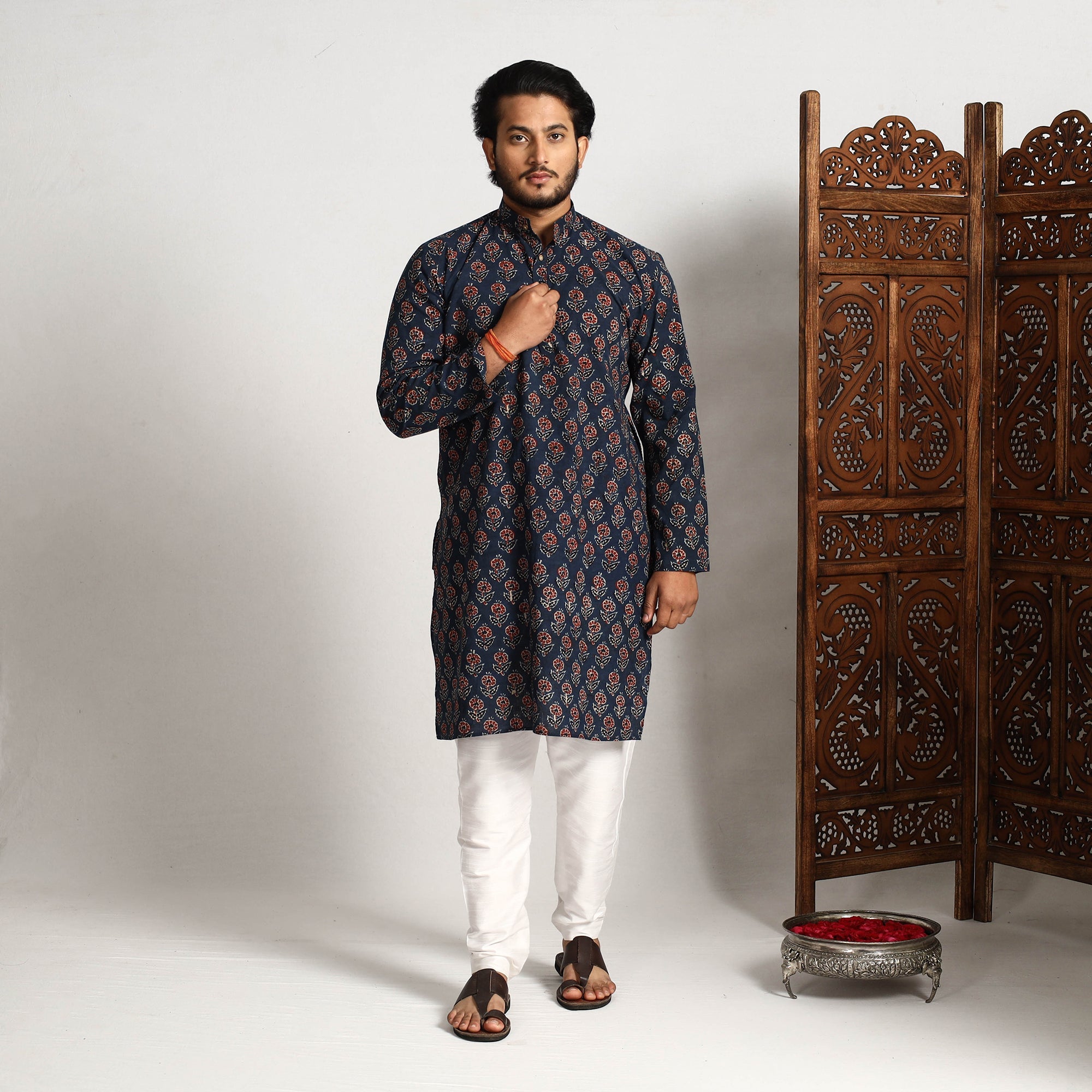 ITOKRI CASUALS Blue - Ajrakh Block Printed Cotton Men Long Kurta