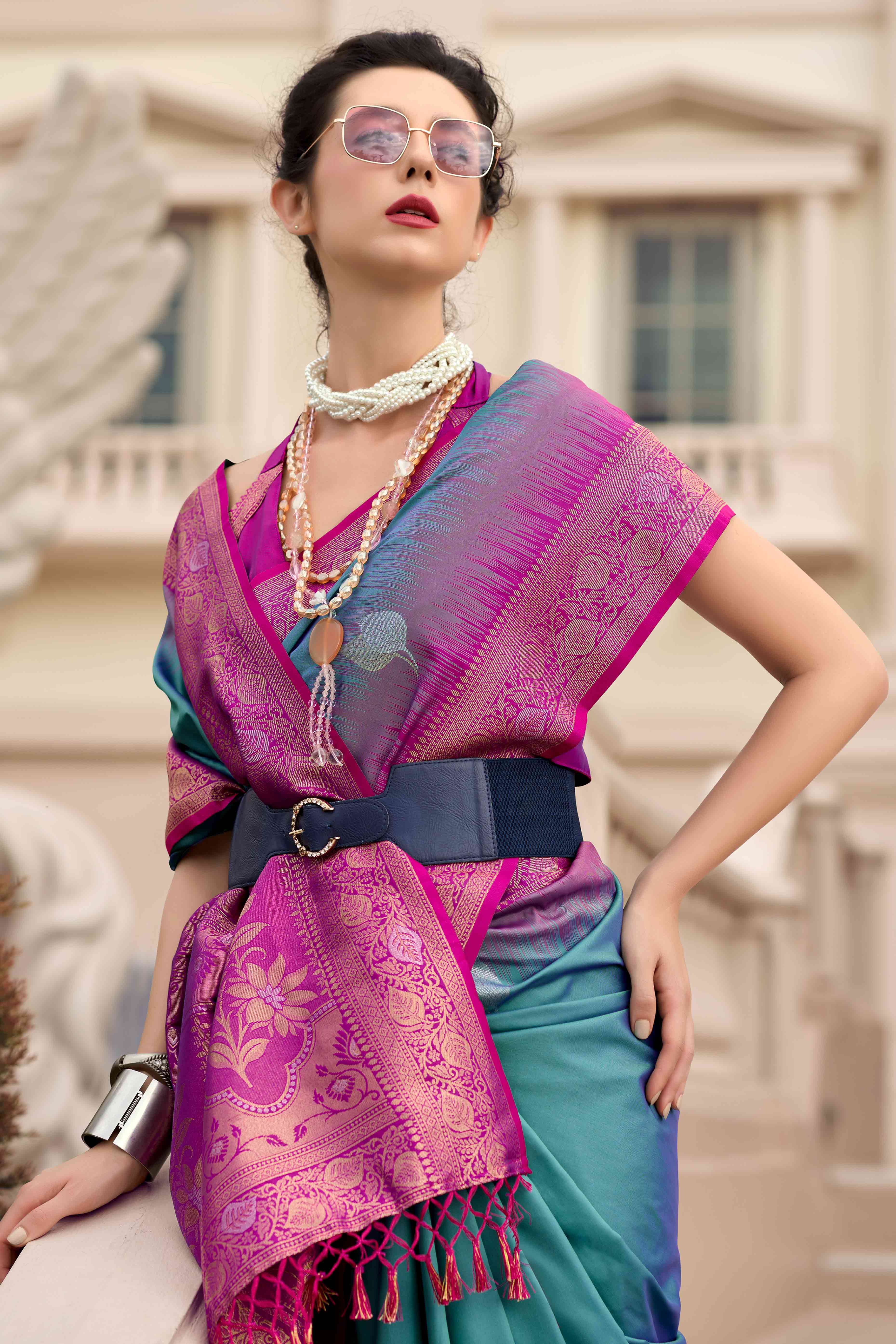 Peachmode Dusty Teal Zari Weaving Pure Silk Saree - view 4