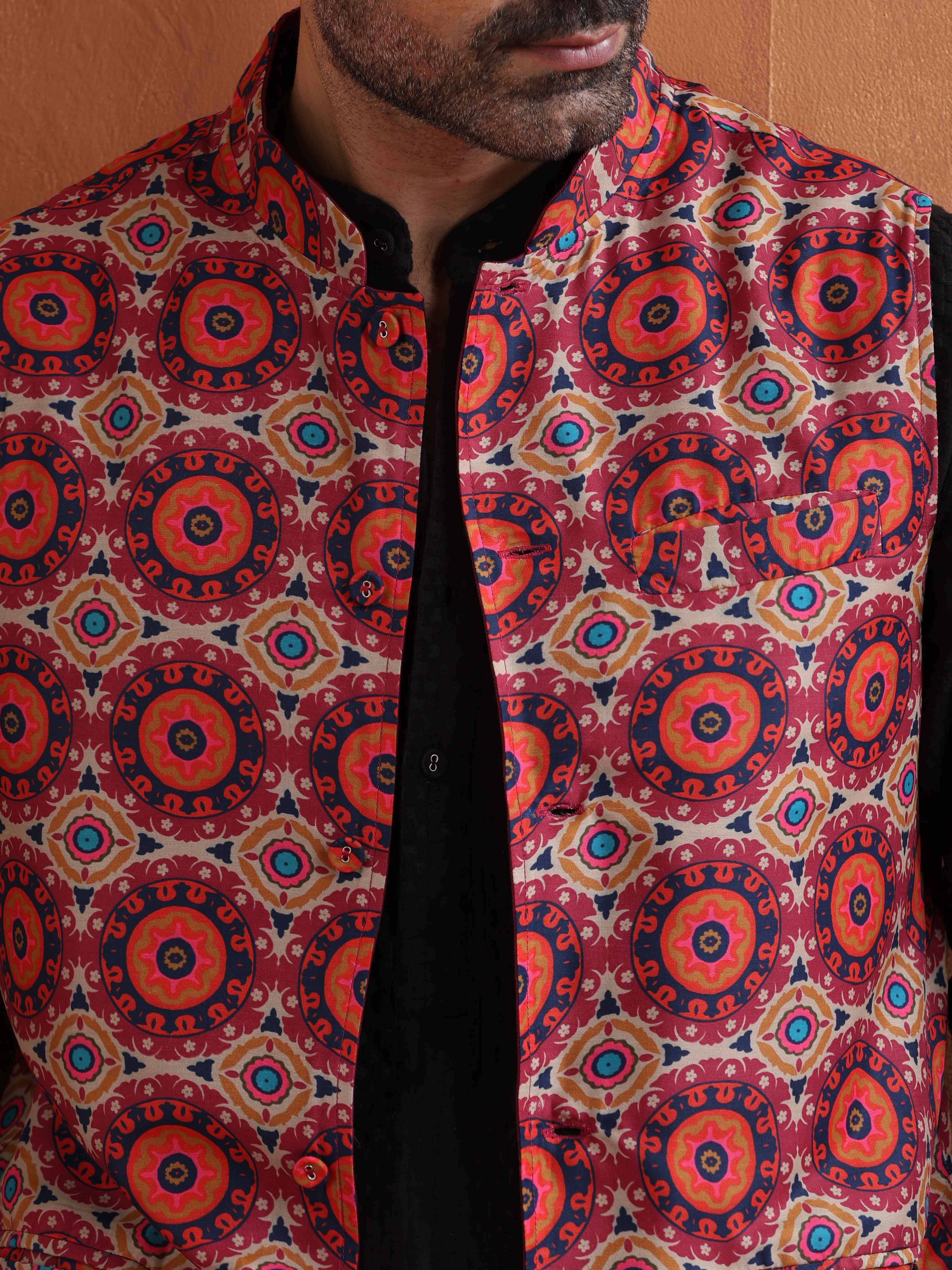 trueBrowns Men's Beige Printed Nehru Jacket - view 5