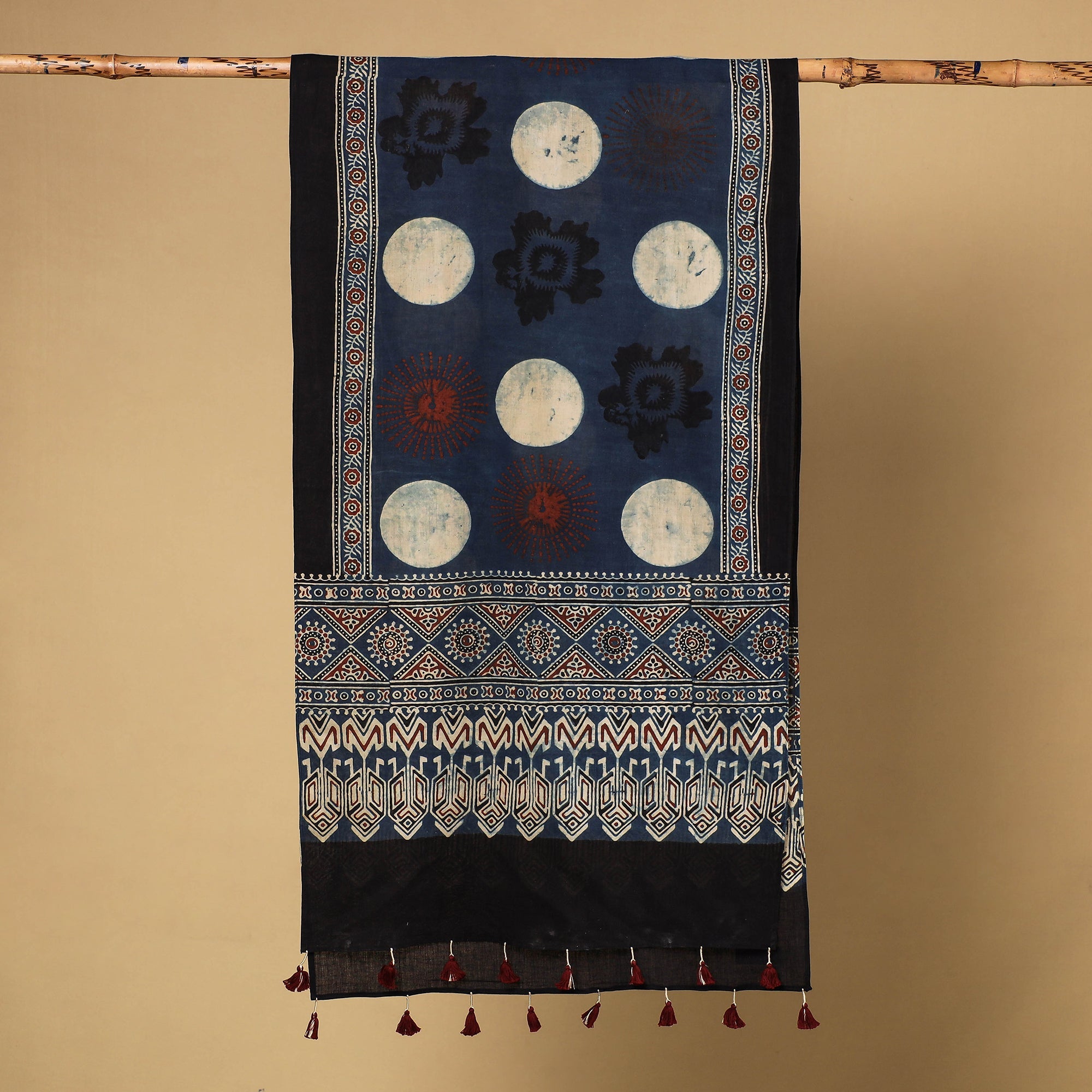 RIYAZ ABDULMAJID KHATRI - AJRAKH Blue - Ajrakh Block Printed Mul Cotton Stole with Tassels - view 2
