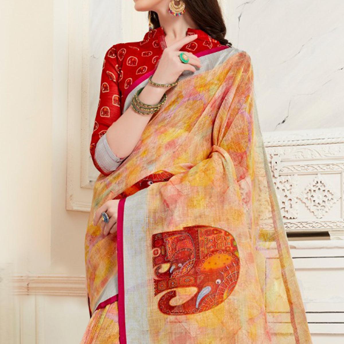 Peachmode Glorious Multi Colored Casual Elephant Digital Printed Linen Saree - view 2