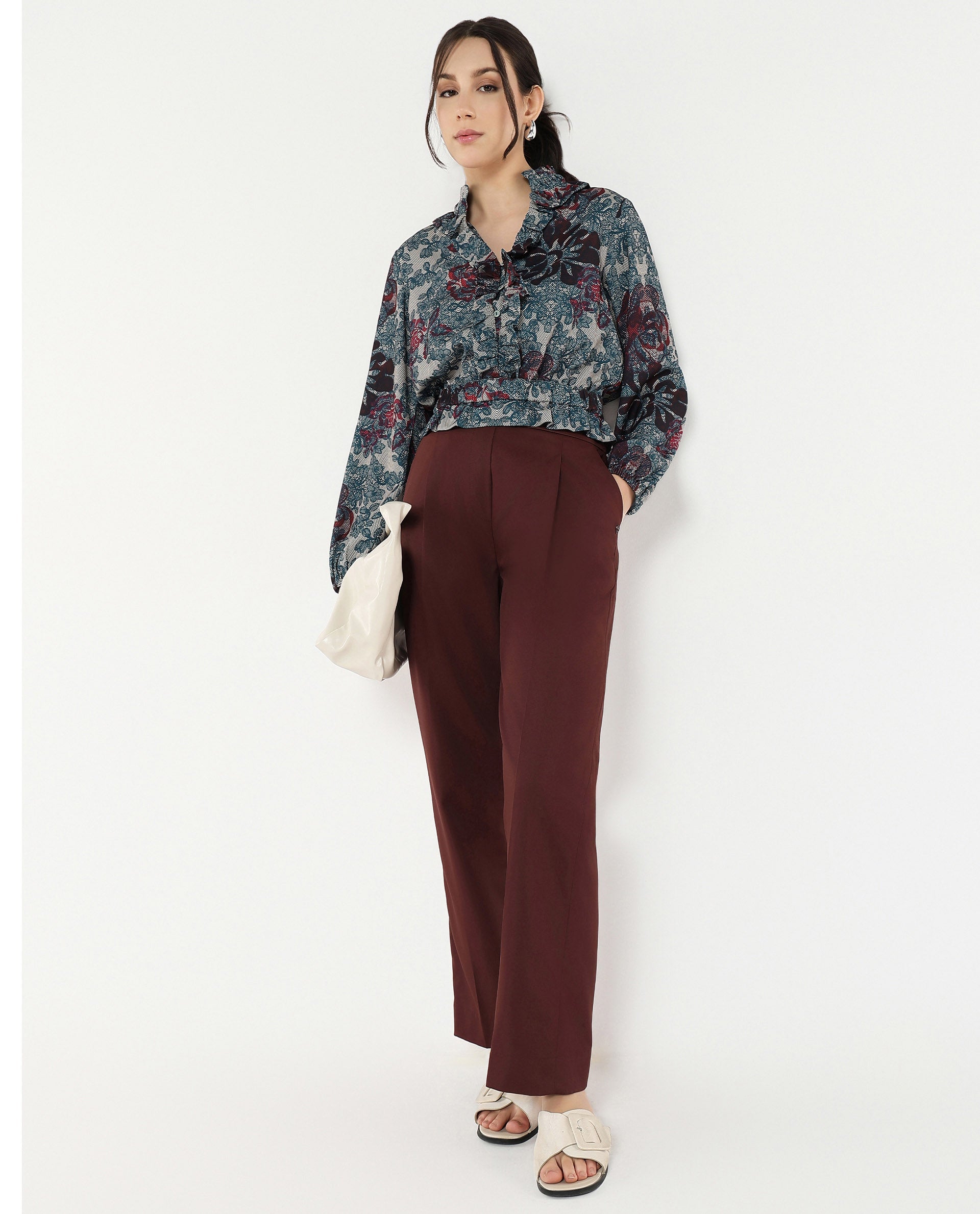 Rareism Women Mugla Multi Polyester Fabric Balloon Sleeve V-Neck Button Closure Cropped Floral Print Top - view 7