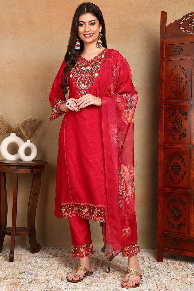 Ahika Rani Pink Silk Blend Solid Embroidered Straight Trouser Bottom Suit Set PKSKD2472