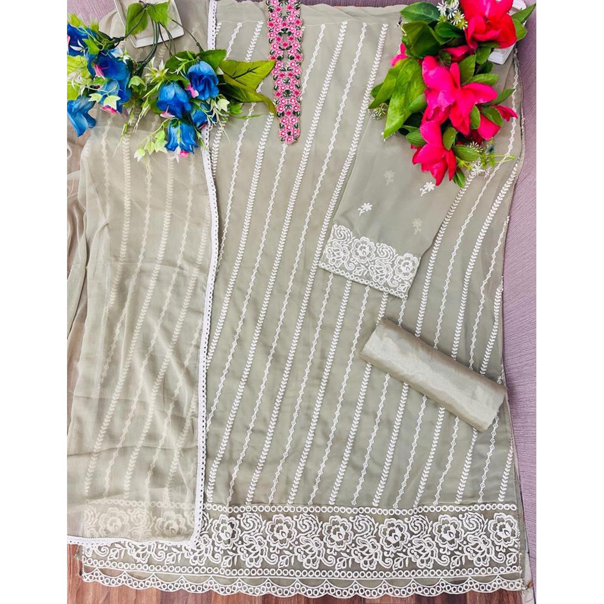 Peachmode Fog Green Floral Embroidered Georgette Semi Stitched Suit - view 5