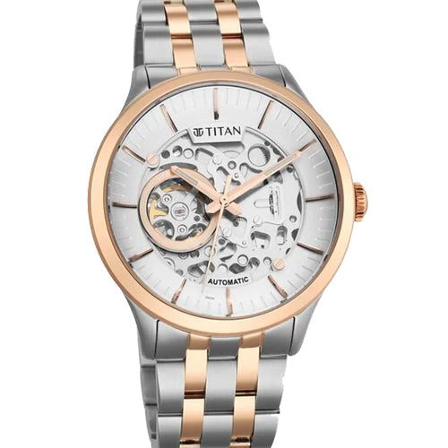 Titan Metal Mechanicals Silver Dial Dual Tone Stainless Steel Strap Watch for Men 43mm NT90140KM01
