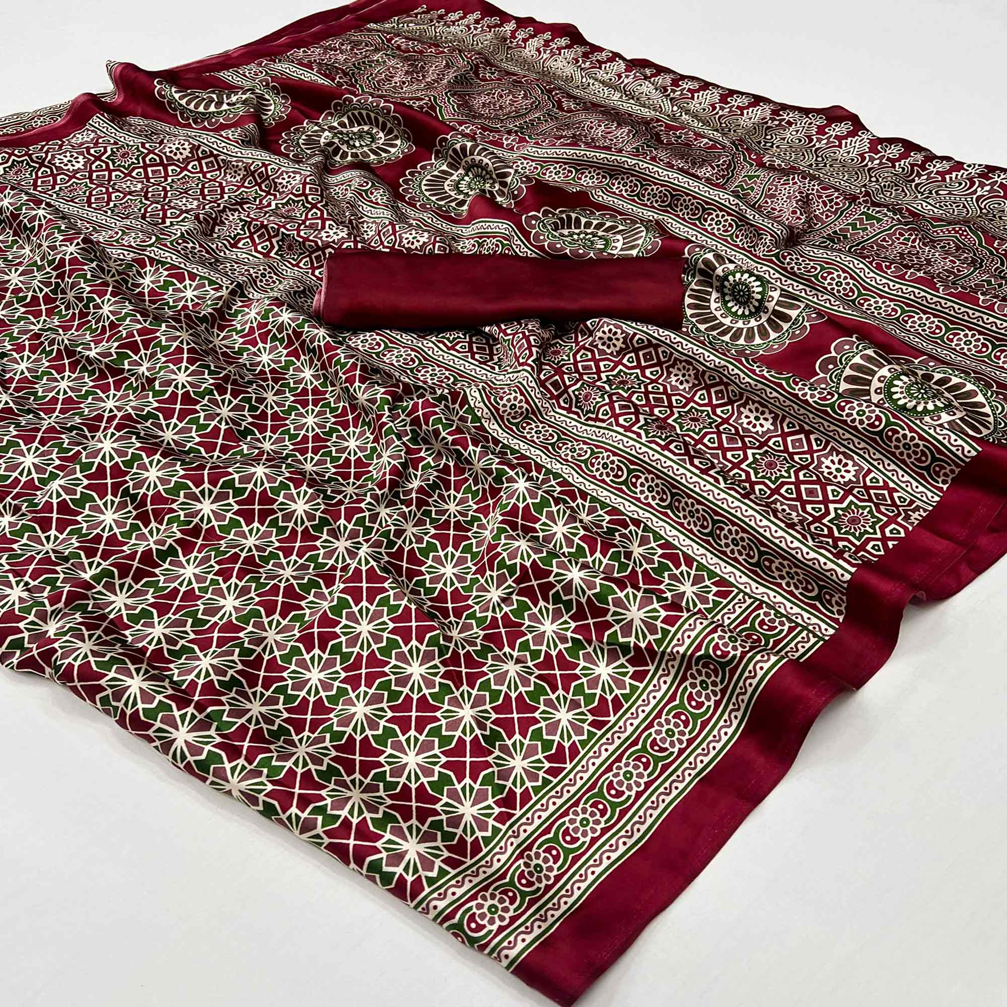 Peachmode Maroon Ajrakh Printed Satin Saree – Women's