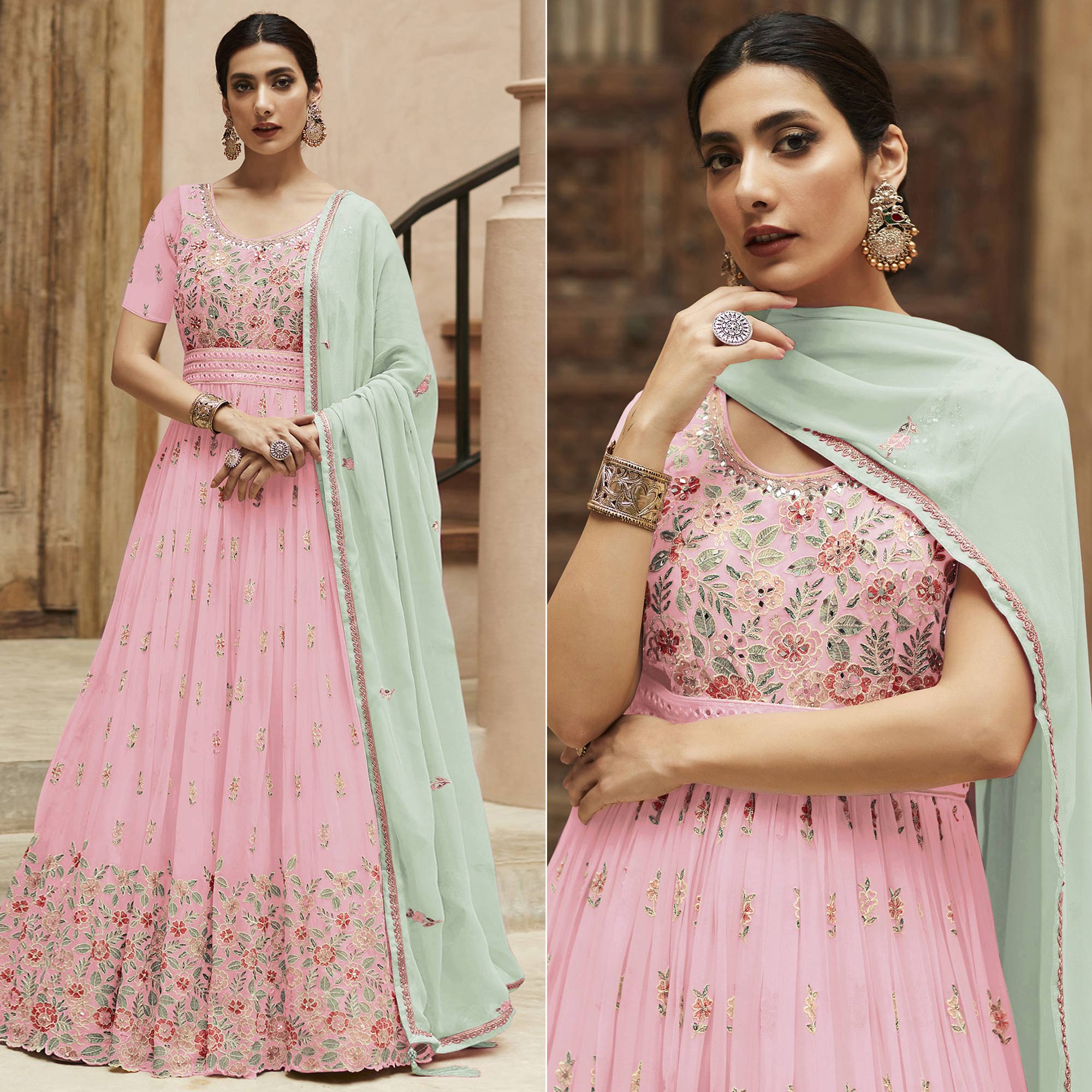 Peachmode Light Pink Sequins Floral Embroidered Georgette Semi Stitched Anarkali Suit