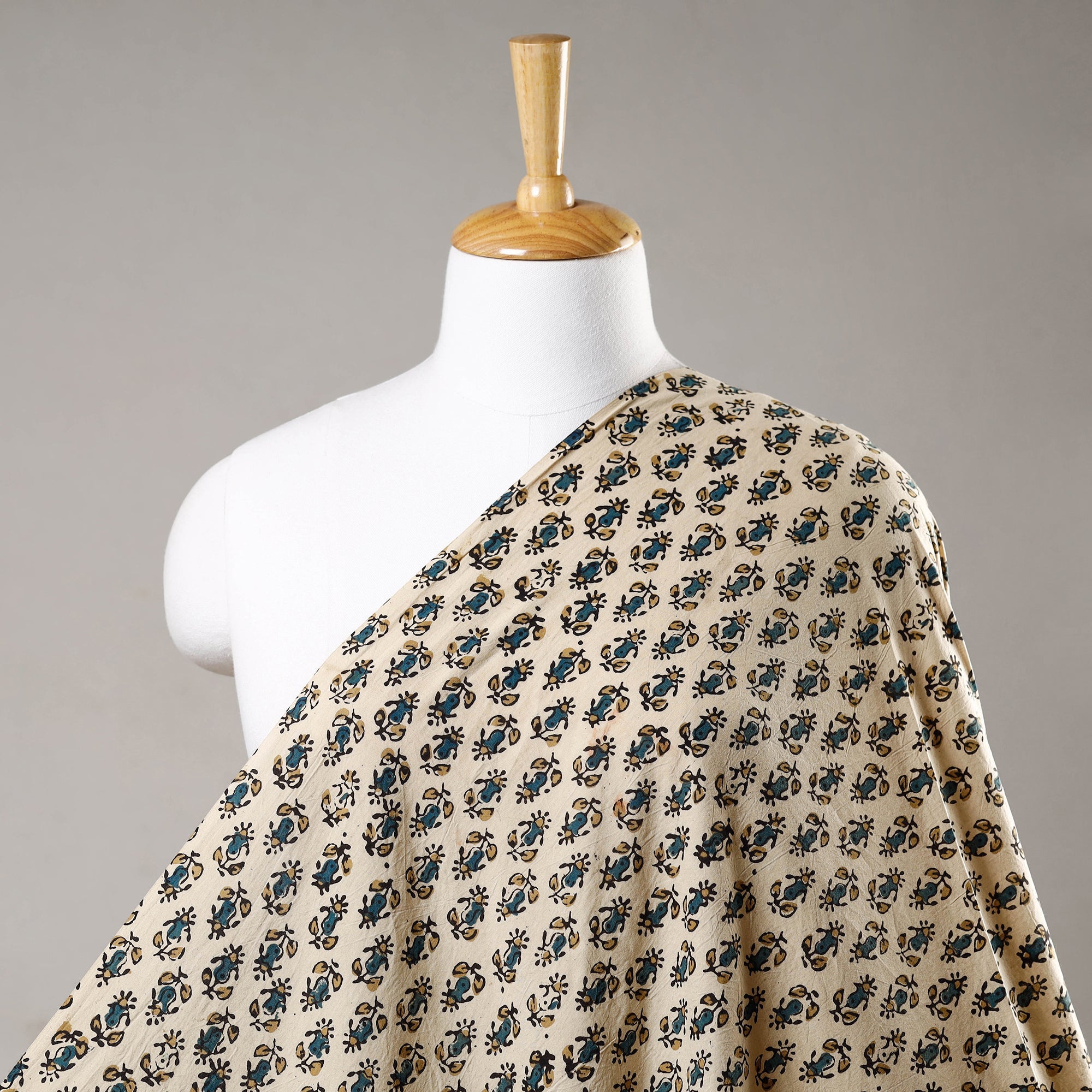 KACHCHH JI CHHAAP Beige - Bisque Green Florets Block Print Cotton Ajrakh Fabric 47