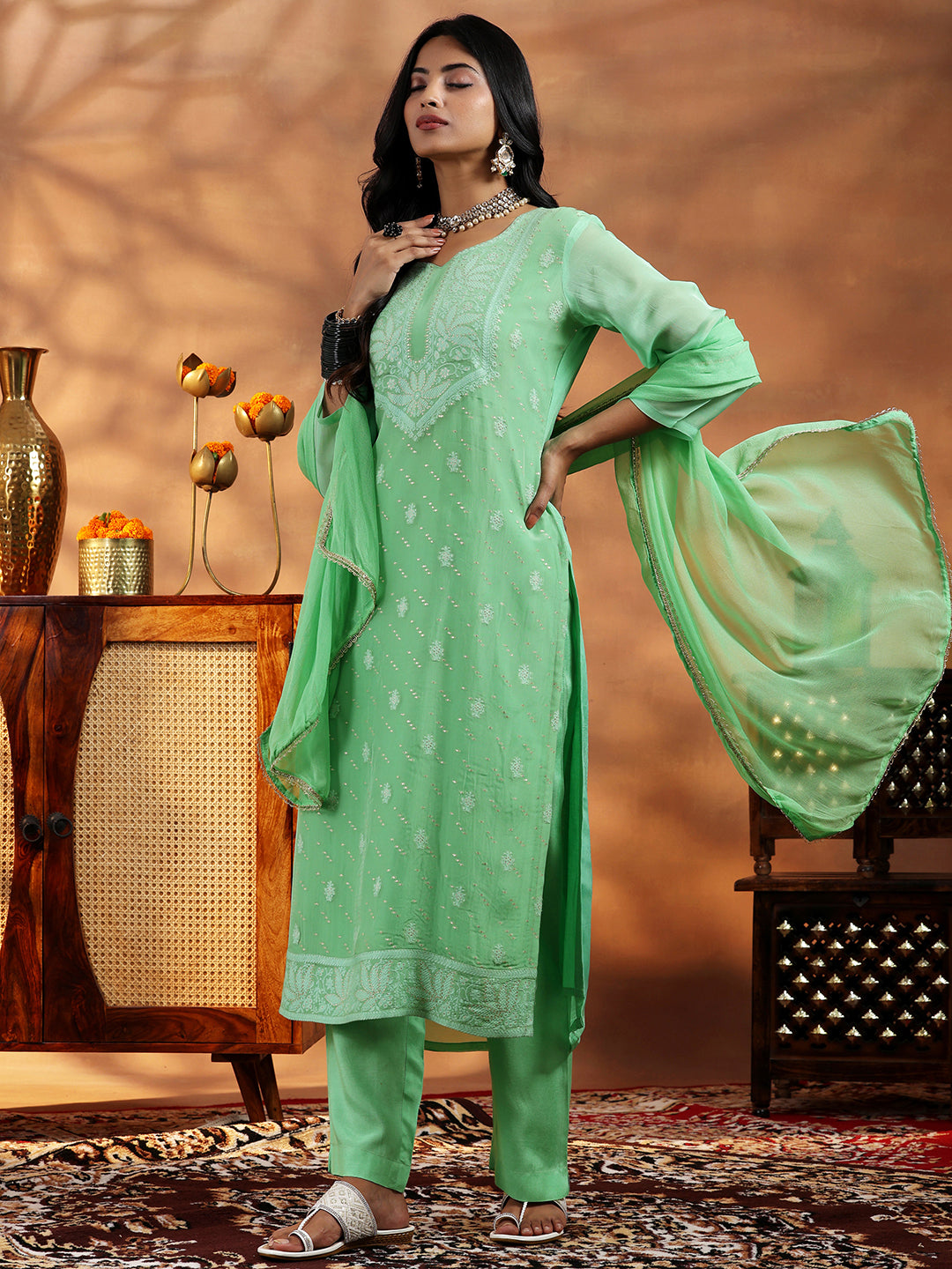 Libas Green Embroidered Organza Straight Suit With Dupatta