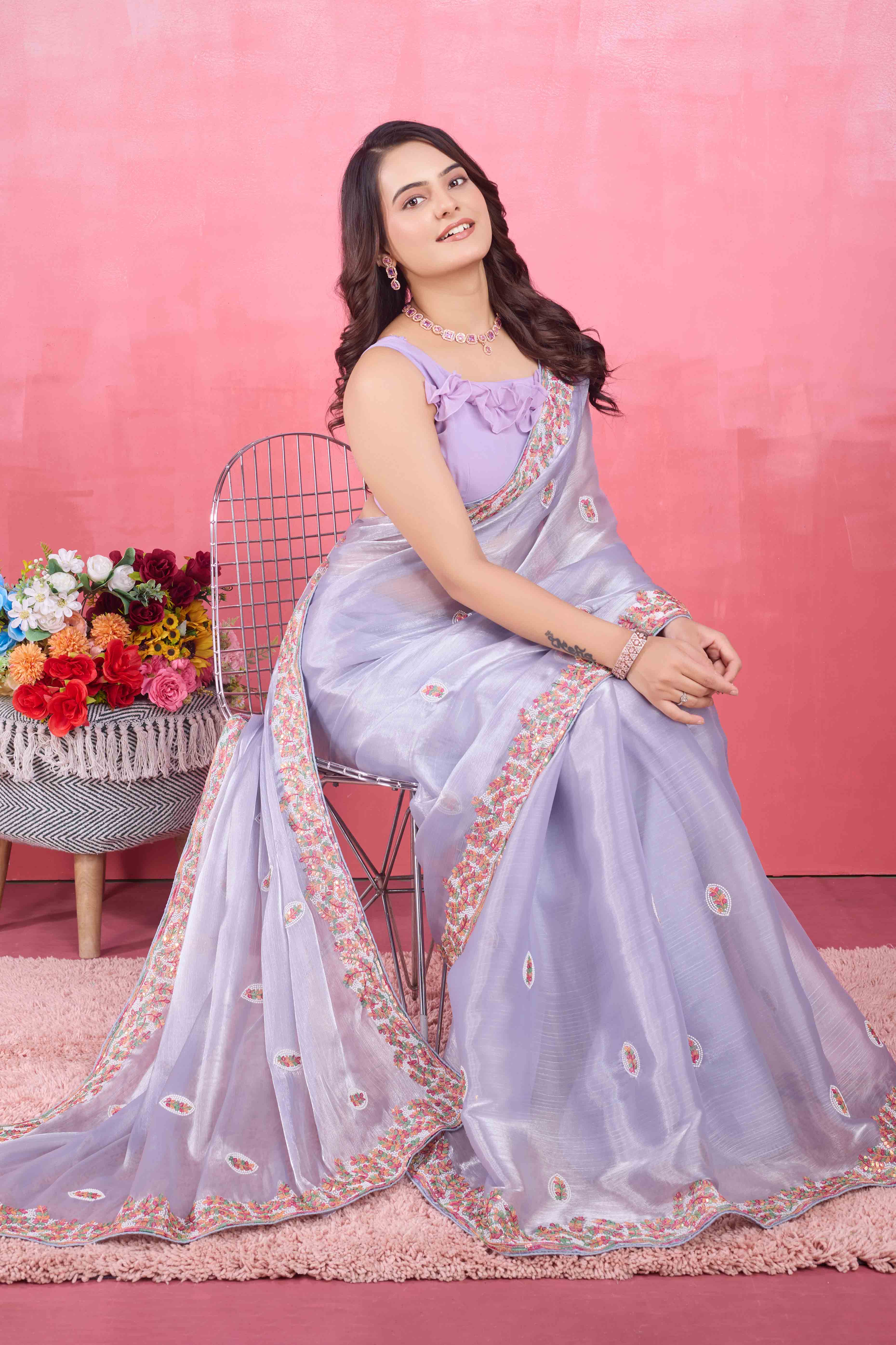 Peachmode Lavender Floral Sequins Embroidered Mulberry Silk Saree