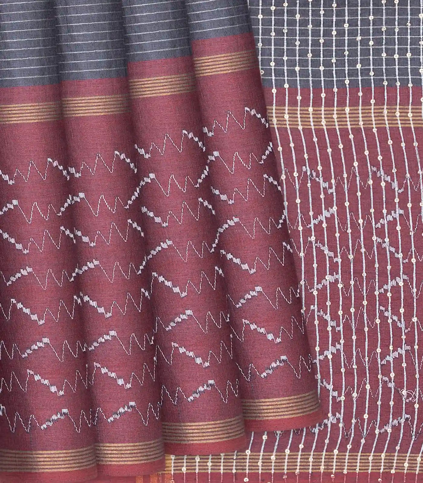 RmKV Dark Grey Woven Tussar Silk Saree With Stripes-Dark Grey