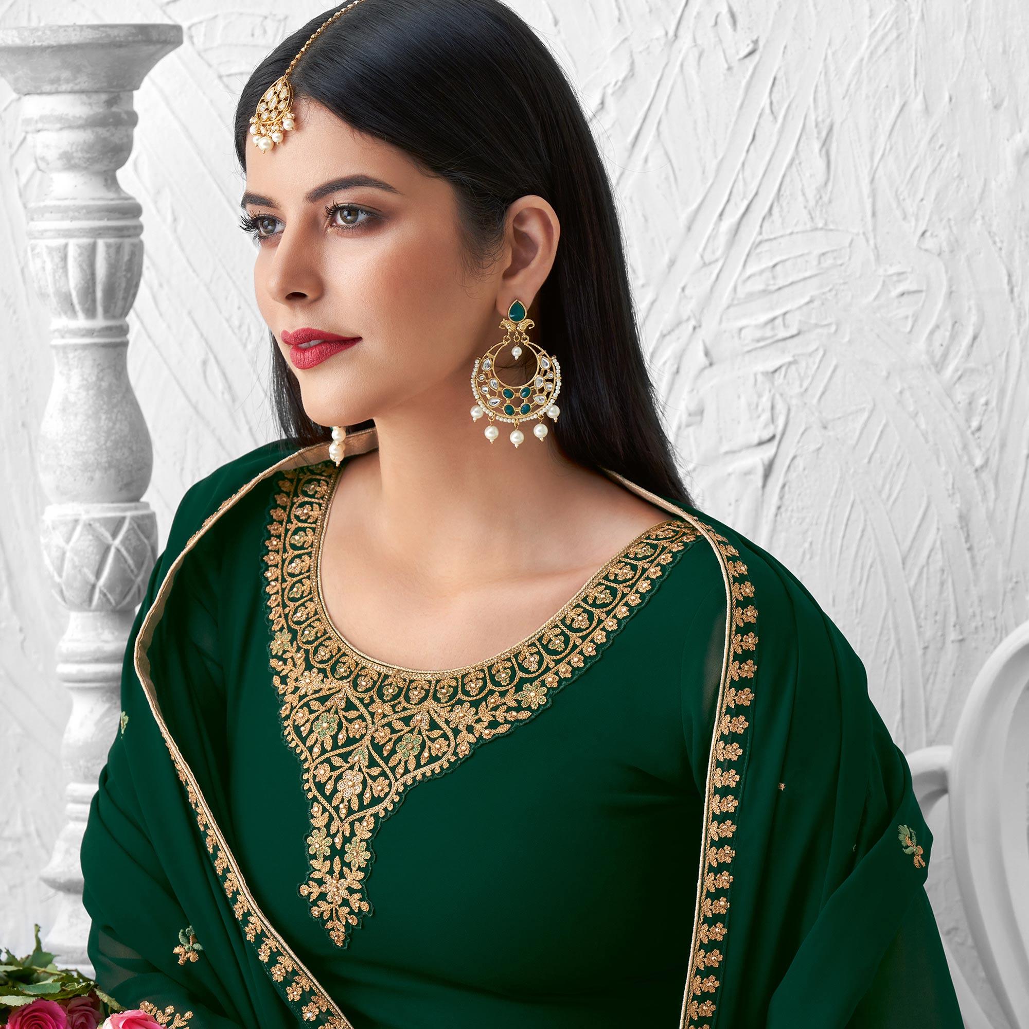 Peachmode Innovative Green Colored Partywear Designer Embroidery Heavy real georgette Salwar Suit - view 2
