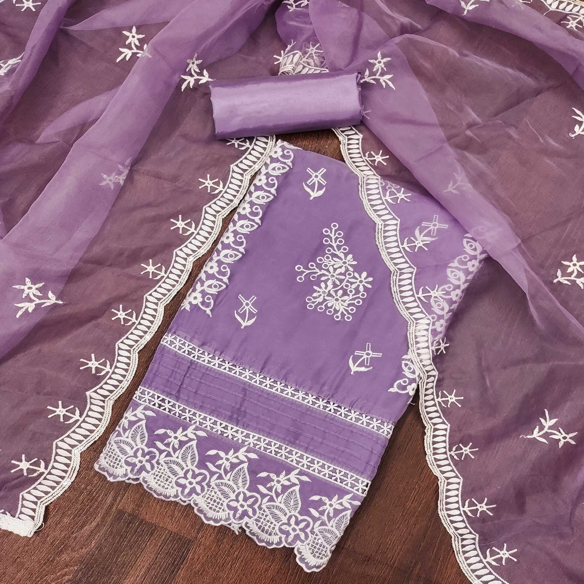 Peachmode Lavender Floral Sequins Embroidered Organza Dress Material