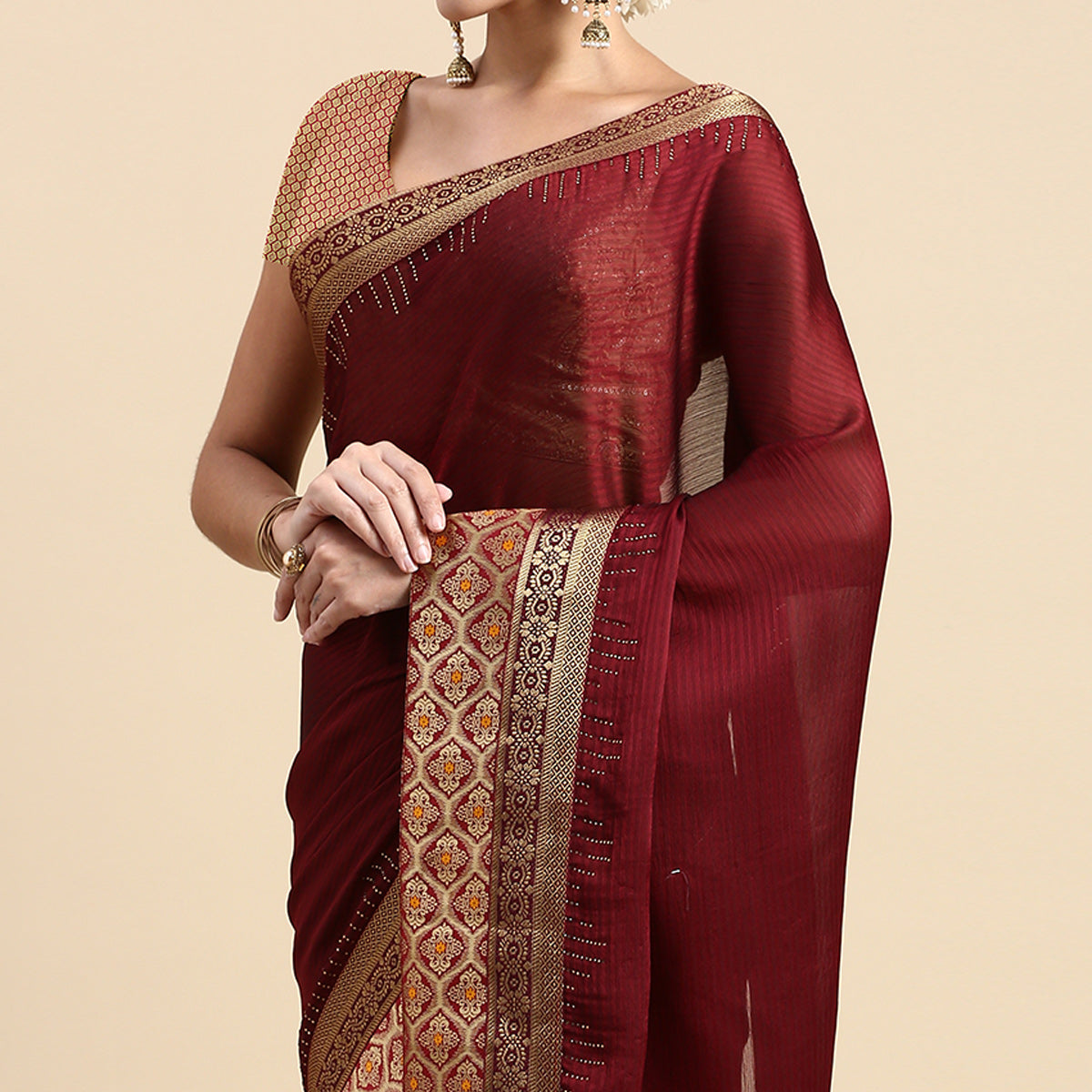 Peachmode Maroon Swaroski Work With Woven Border Satin Saree - view 3