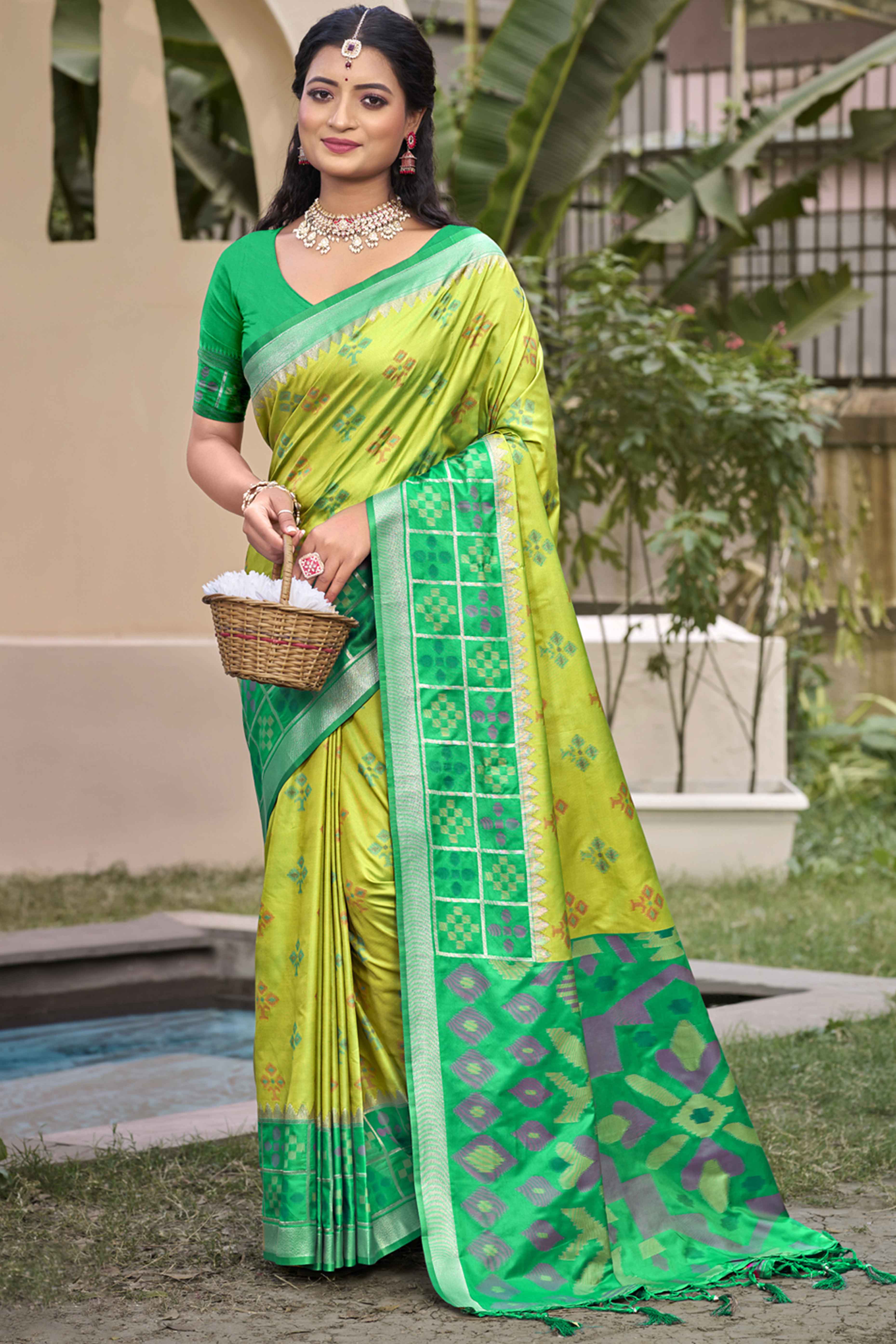 Peachmode Light Green Woven Cotton Silk Saree With Tassels