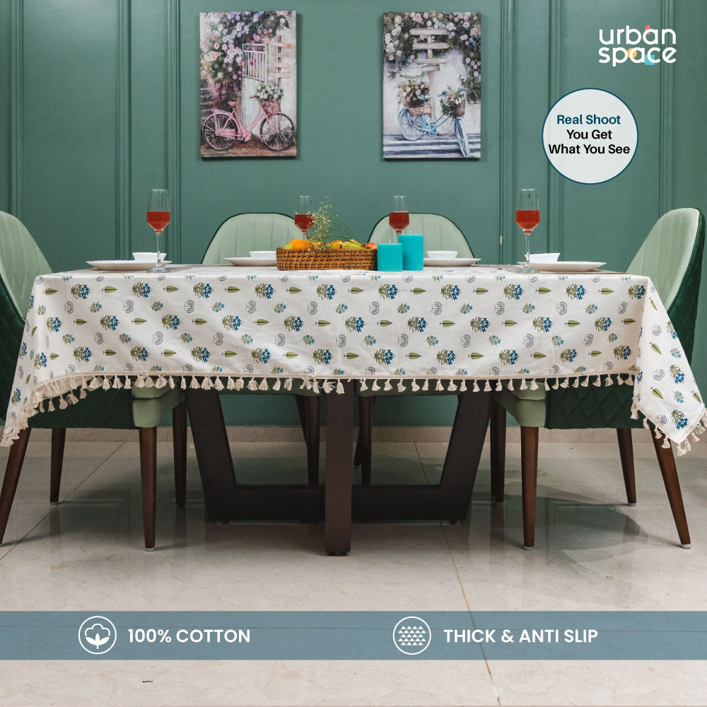 Urban Space Home Furnishing 100% Cotton Dining Table Cover with Boho Tassels Printed - Calico Blue - view 2