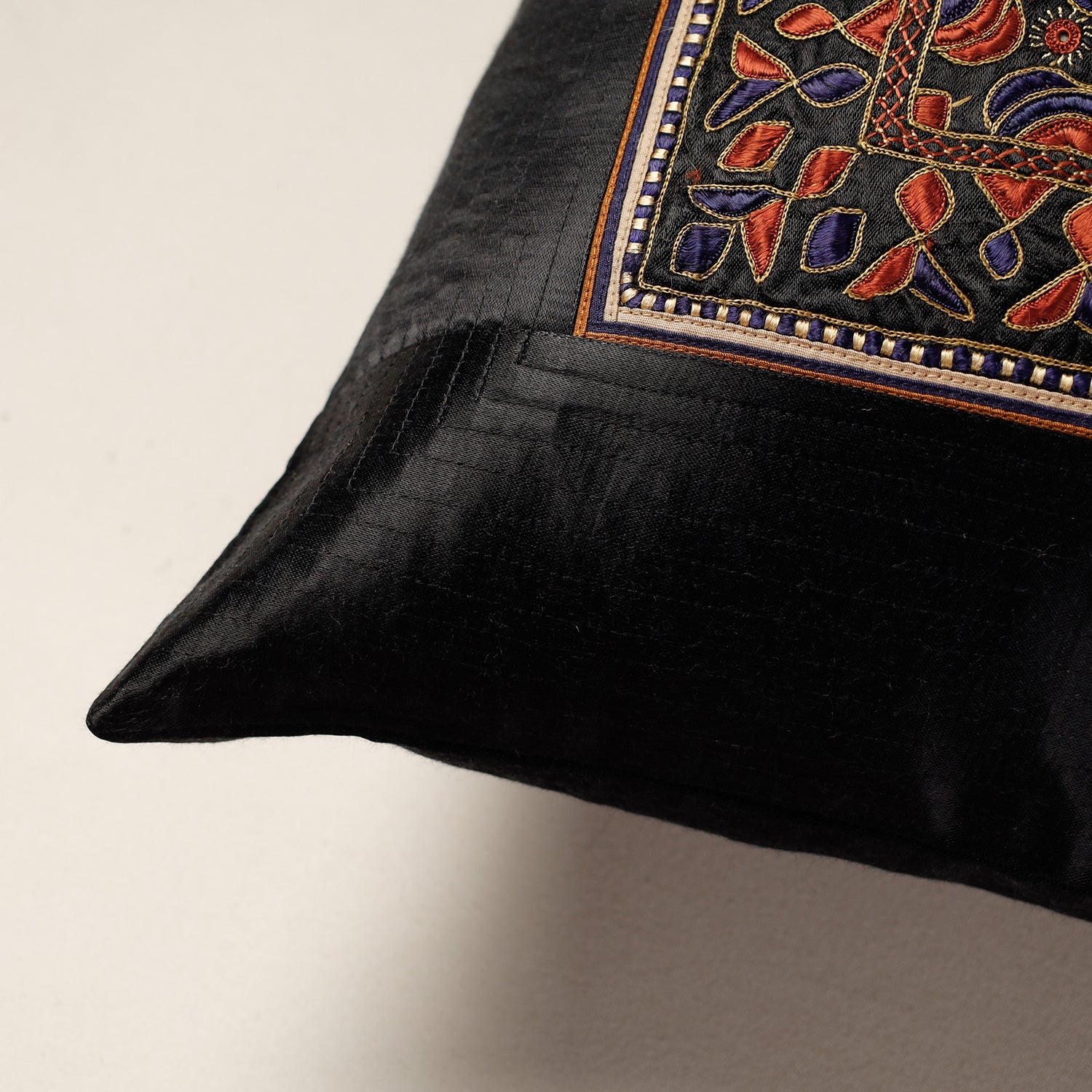 QASAB Black - Kutch Pakko Bherni Hand Embroidery Mashru Silk Cushion Cover (15.5 x 15.5 in) - view 2
