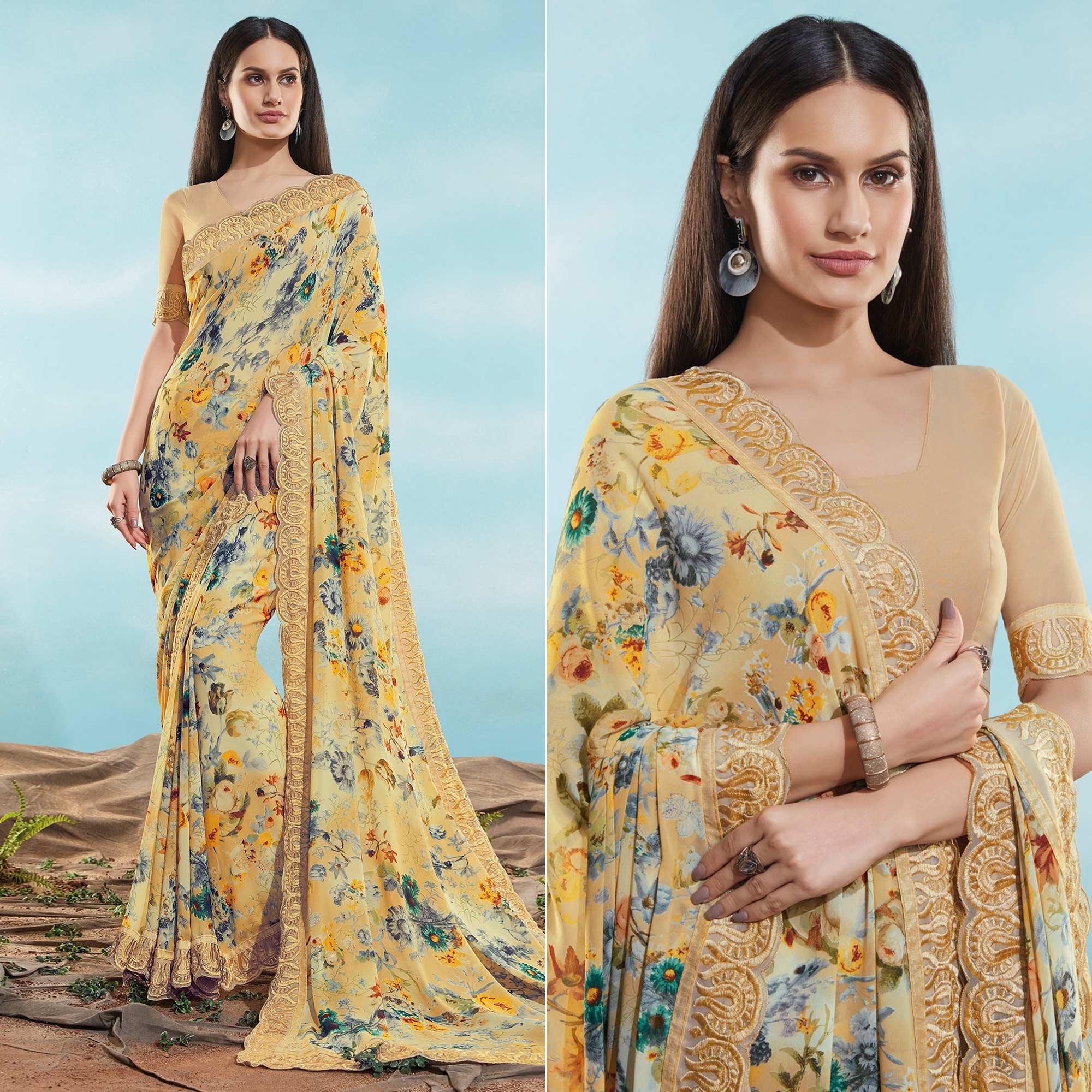 Peachmode Cream Floral Printed With Embroidered Border Georgette Saree