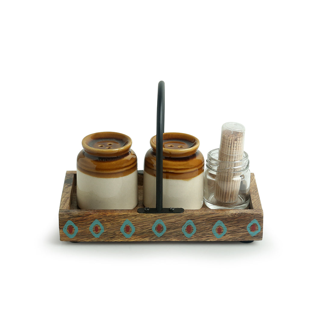 EXCLUSIVELANE 'Old Fashioned Martaban' Salt & Pepper Shaker Set With Toothpick Holder & Tray (110 ML) - view 3