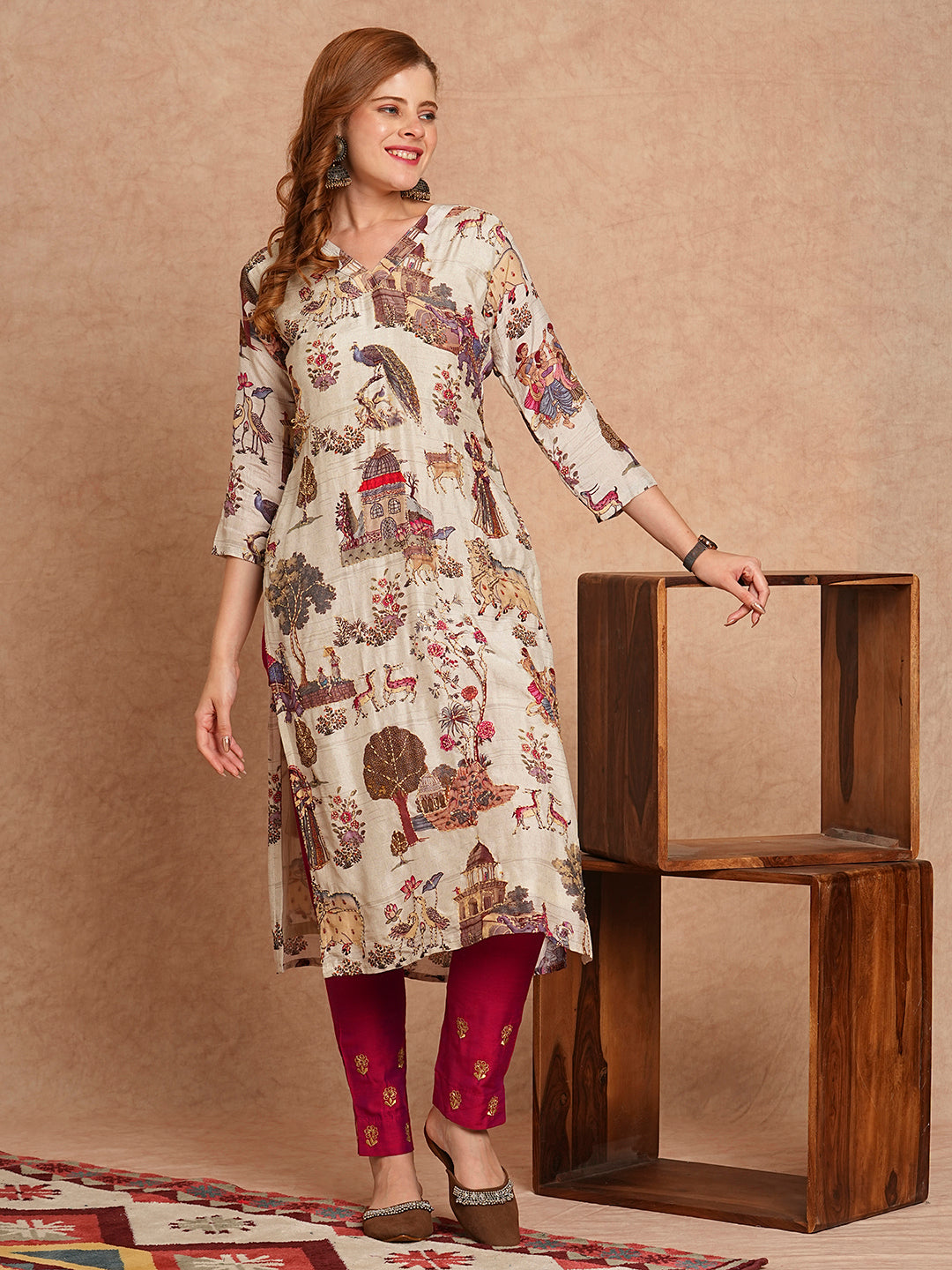 FASHOR Ethnic & Floral Printed & Kantha Embroidered Straight Fit Kurta - Off White - view 2