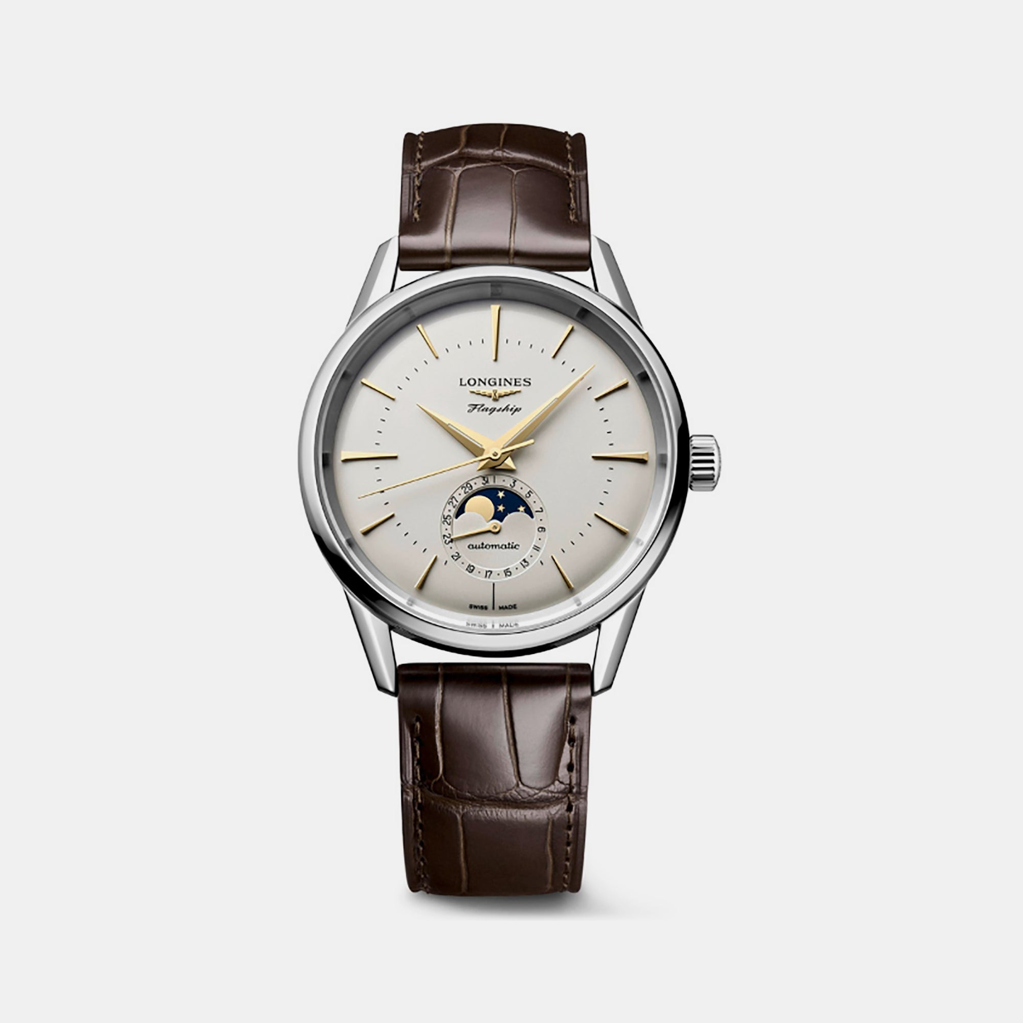 Longines Flagship Heritage Moonphase Men Automatic Silver Dial Analog Leather Watch L48154782