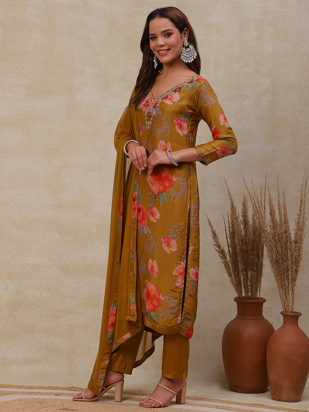 Fashor Floral Printed Zardozi Embroidered shimmer Kurta with Pants & Dupatta - Mustard - view 5