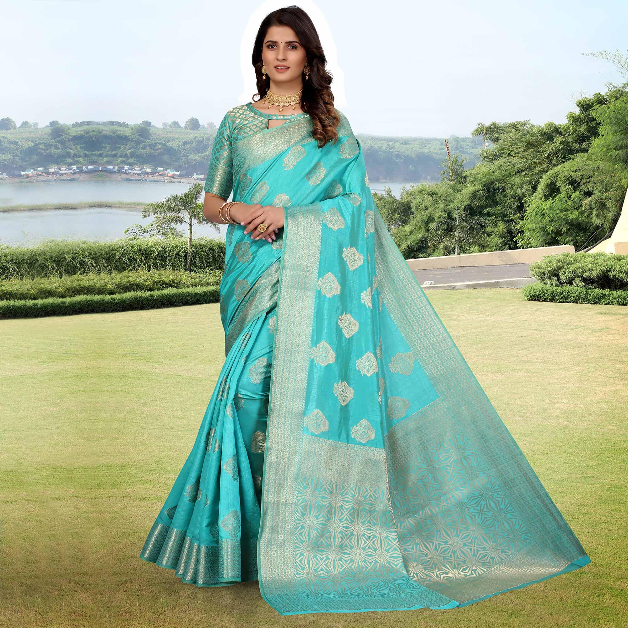 Peachmode Firoji Blue Festive Wear Woven Art Silk Saree