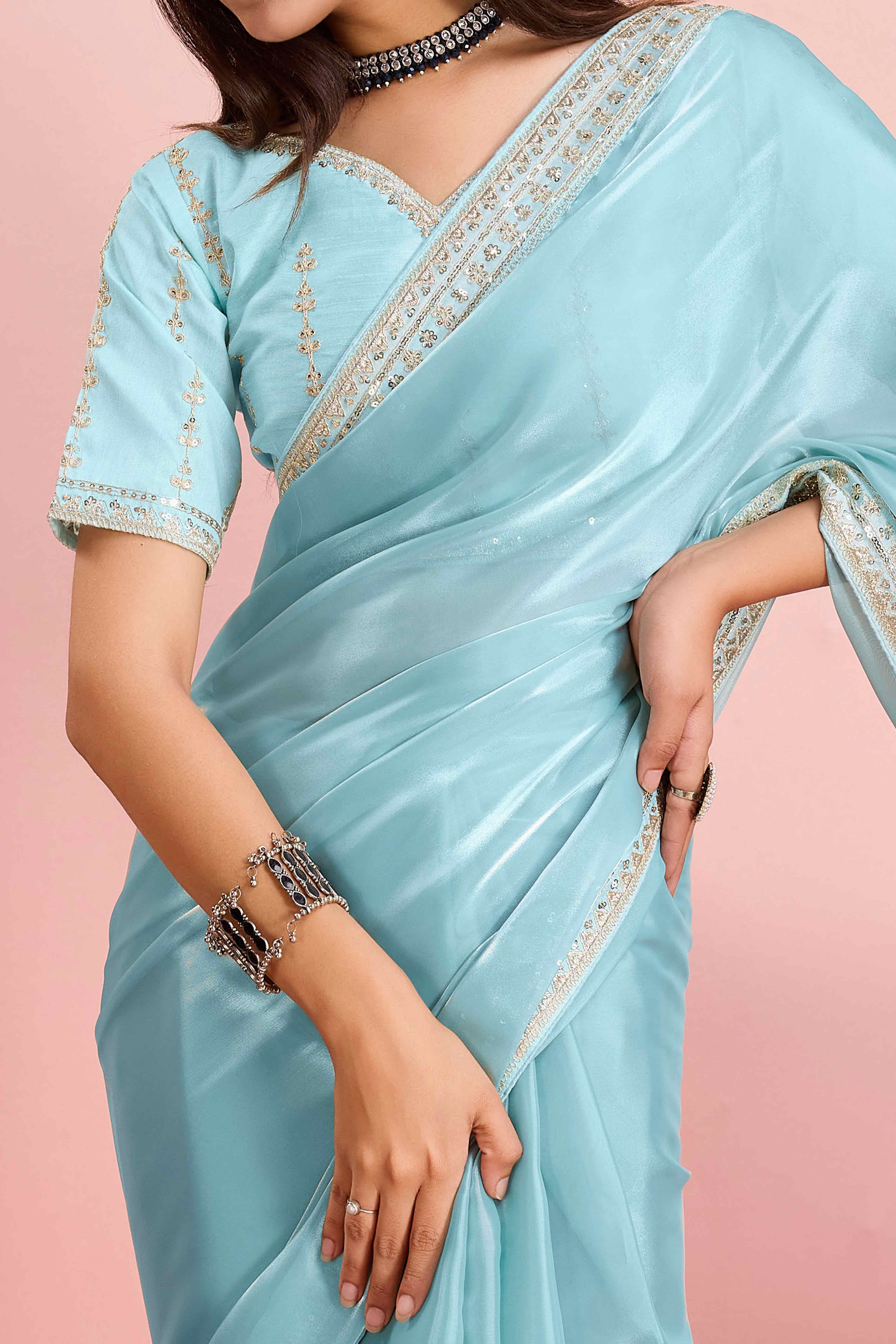 Peachmode Blue Solid With Floral Sequins Embroidered Jimmy Choo Tissue Saree - view 2