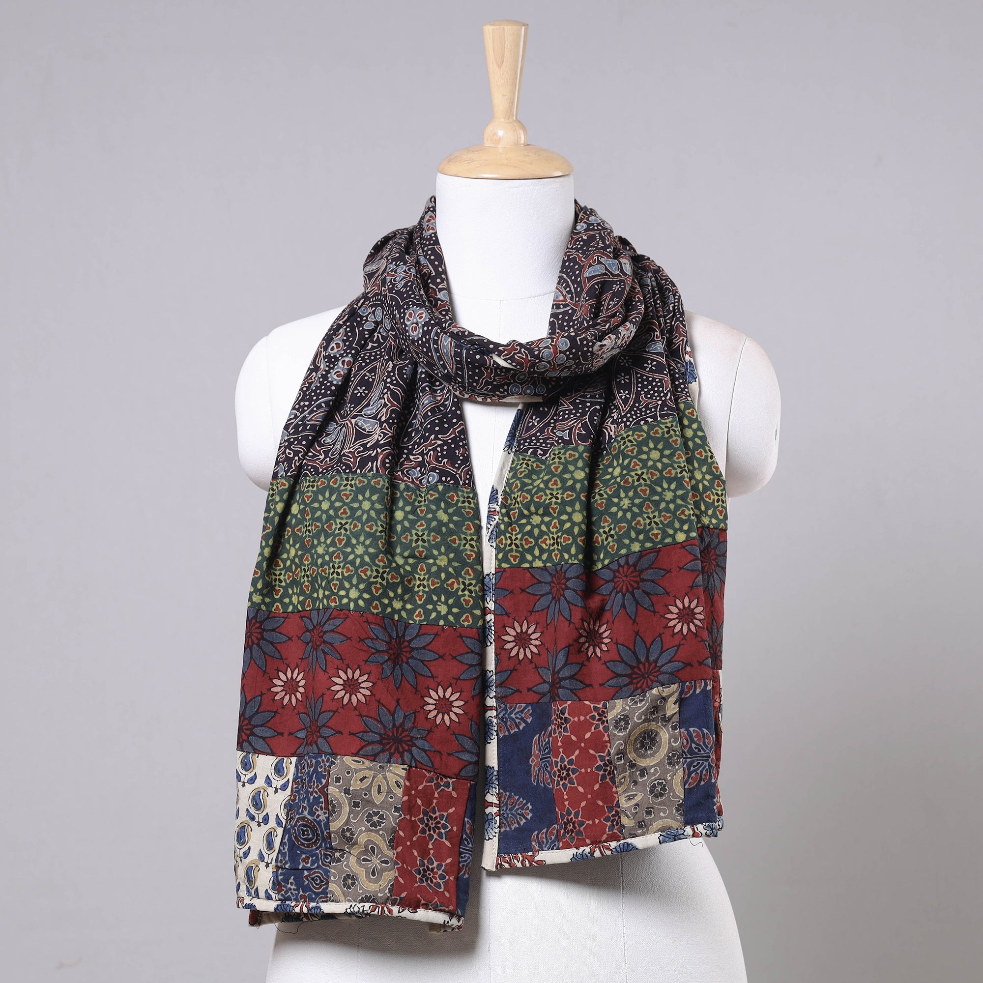 STOLES & SCARVES Brown - Ajrakh Block Printed Patchwork Cotton Stole