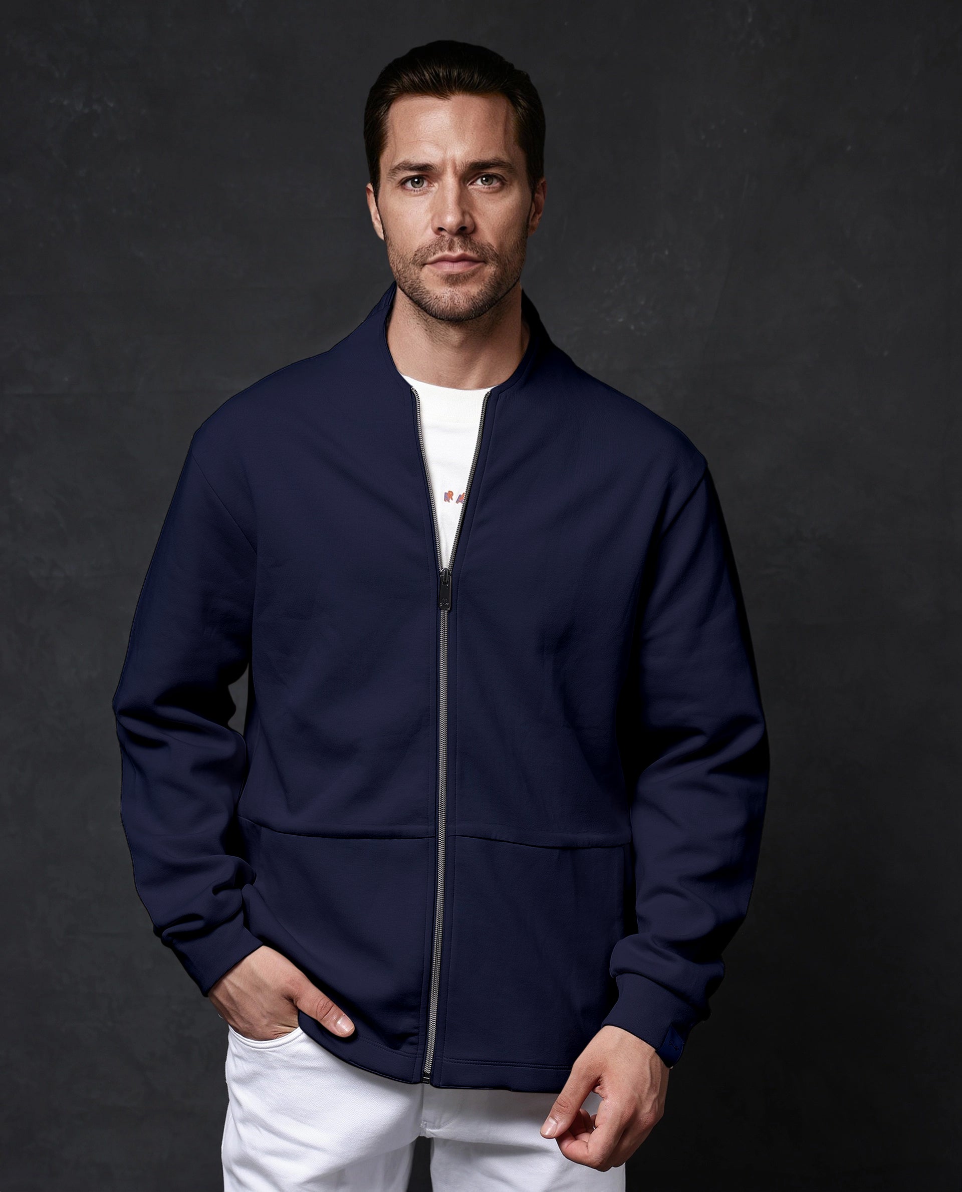 Rare Rabbit Men Kezi Navy Cotton Poly Fabric Full Sleeve Hooded Zip Closure Slim Fit Plain Sweatshirt
