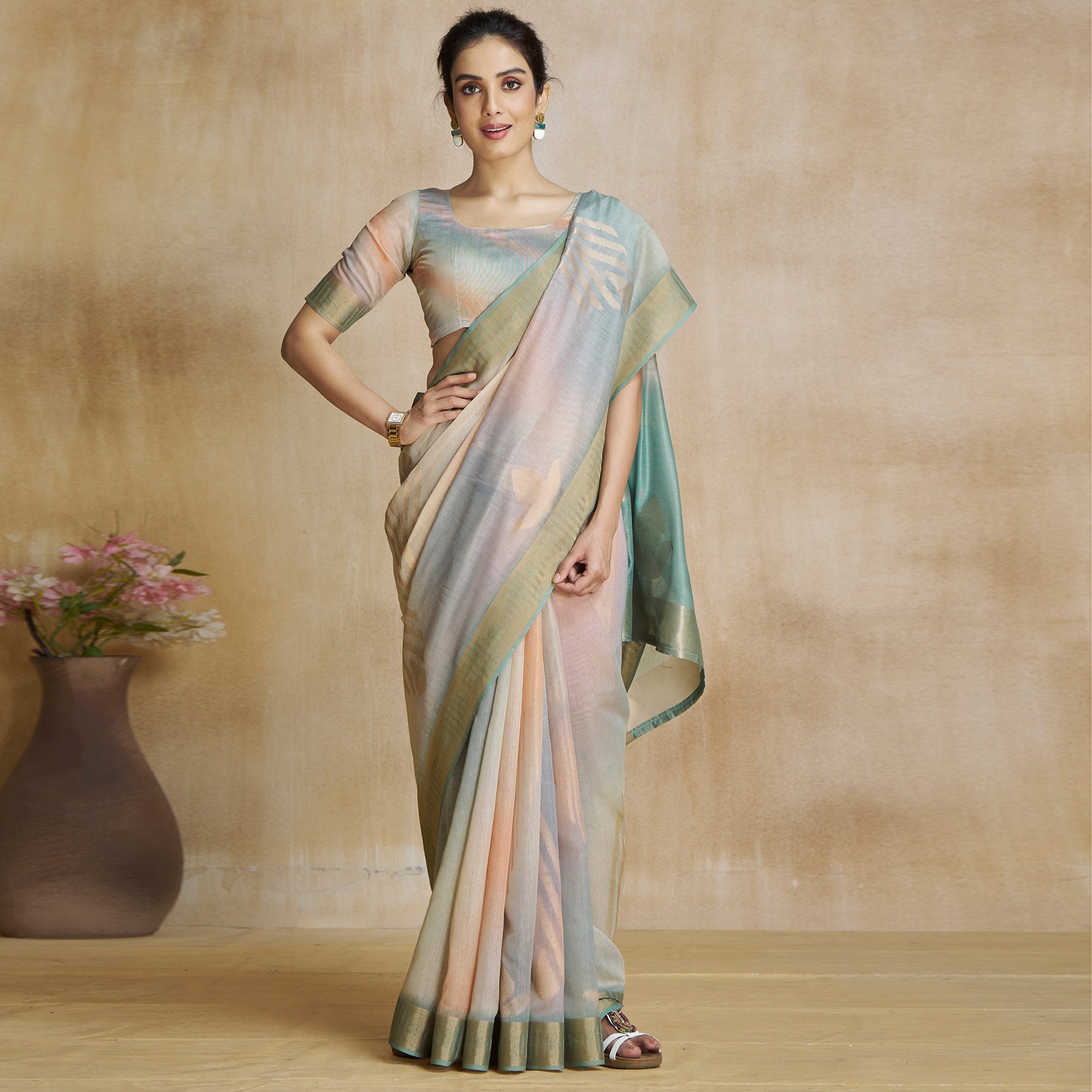 Peachmode Sea Green Digital Printed With Woven Pure Silk Ombre Saree - view 2