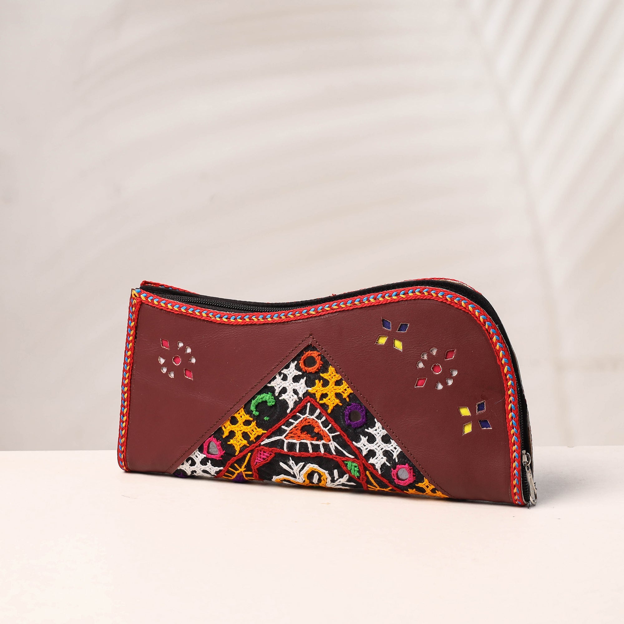 KACHCHH JI CHHAAP Brown - Handcrafted Kutch Embroidery Leather Clutch / Wallet