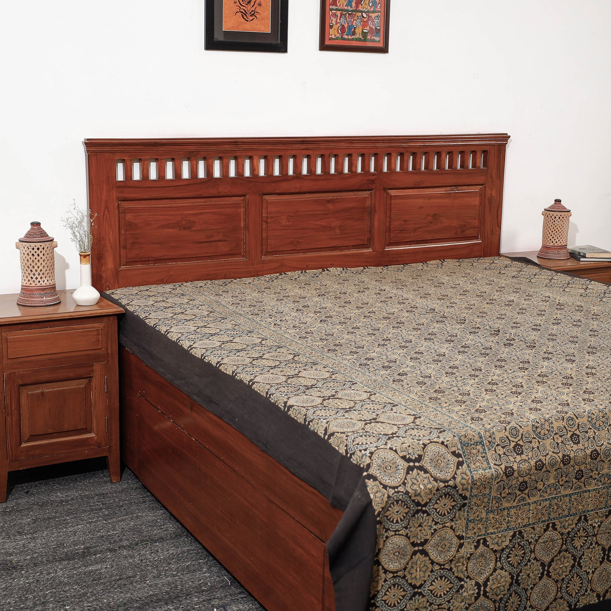KACHCHH JI CHHAAP Beige - Ajrakh Block Printed Cotton Double Bed Cover (108 x 90 in)