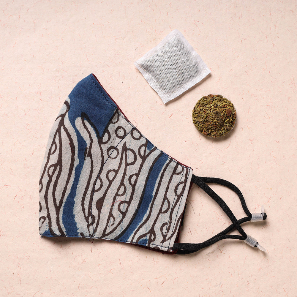 JALPARI Bindaas Block Printed Cotton 3 Layer Snug Fit Face Cover with Herb Pocket