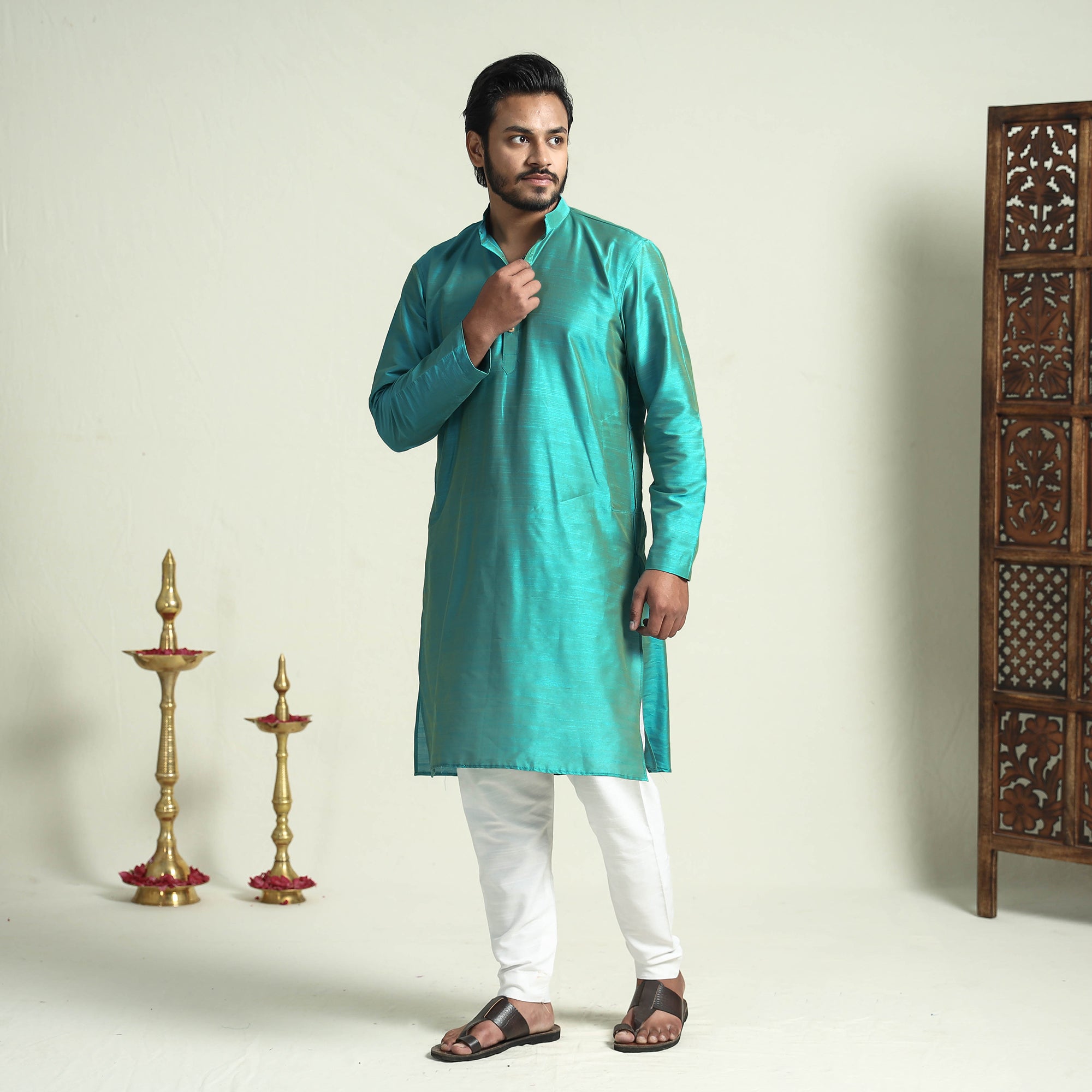 ITOKRI CASUALS Aqua - Blue Plain Dyed Slub Silk Men Long Kurta - view 2