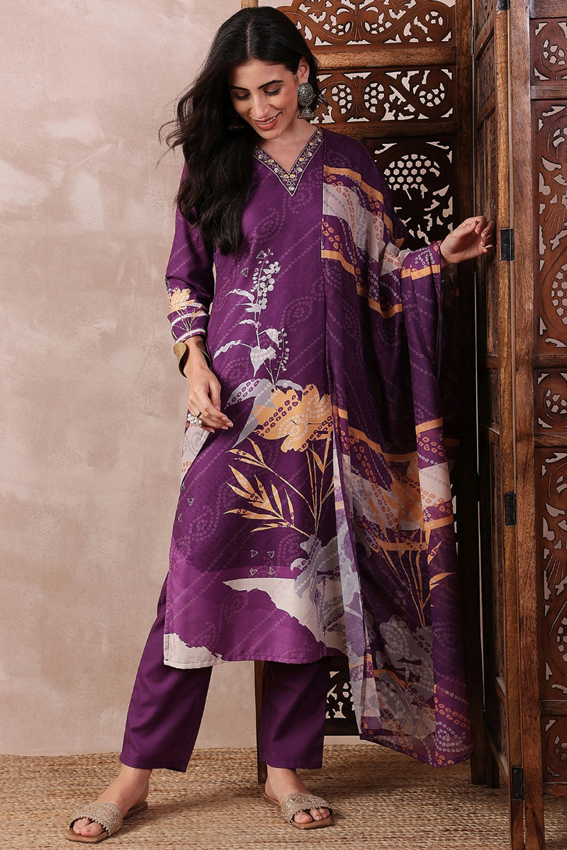 Ahika Purple Rayon Blend Floral Printed Straight Trouser Bottom Suit Set PKSKD2536PPL - view 2