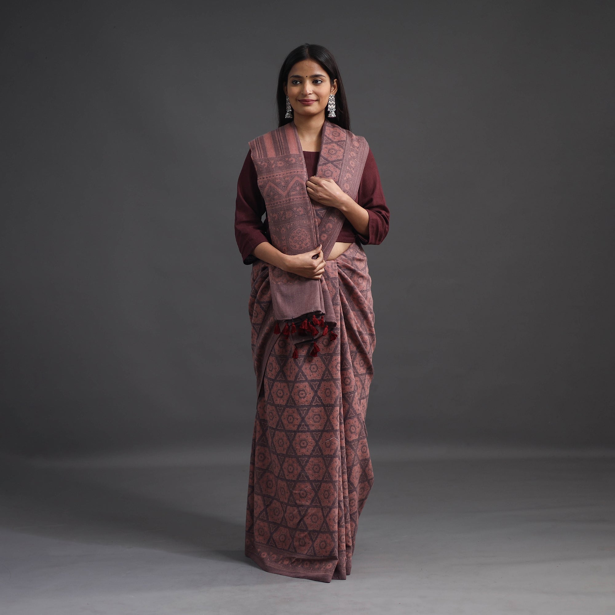 AJRAKH BY JABBAR KHATRI Brown - Merino Wool Block Print Ajrakh Saree with Tassels 03 - view 2