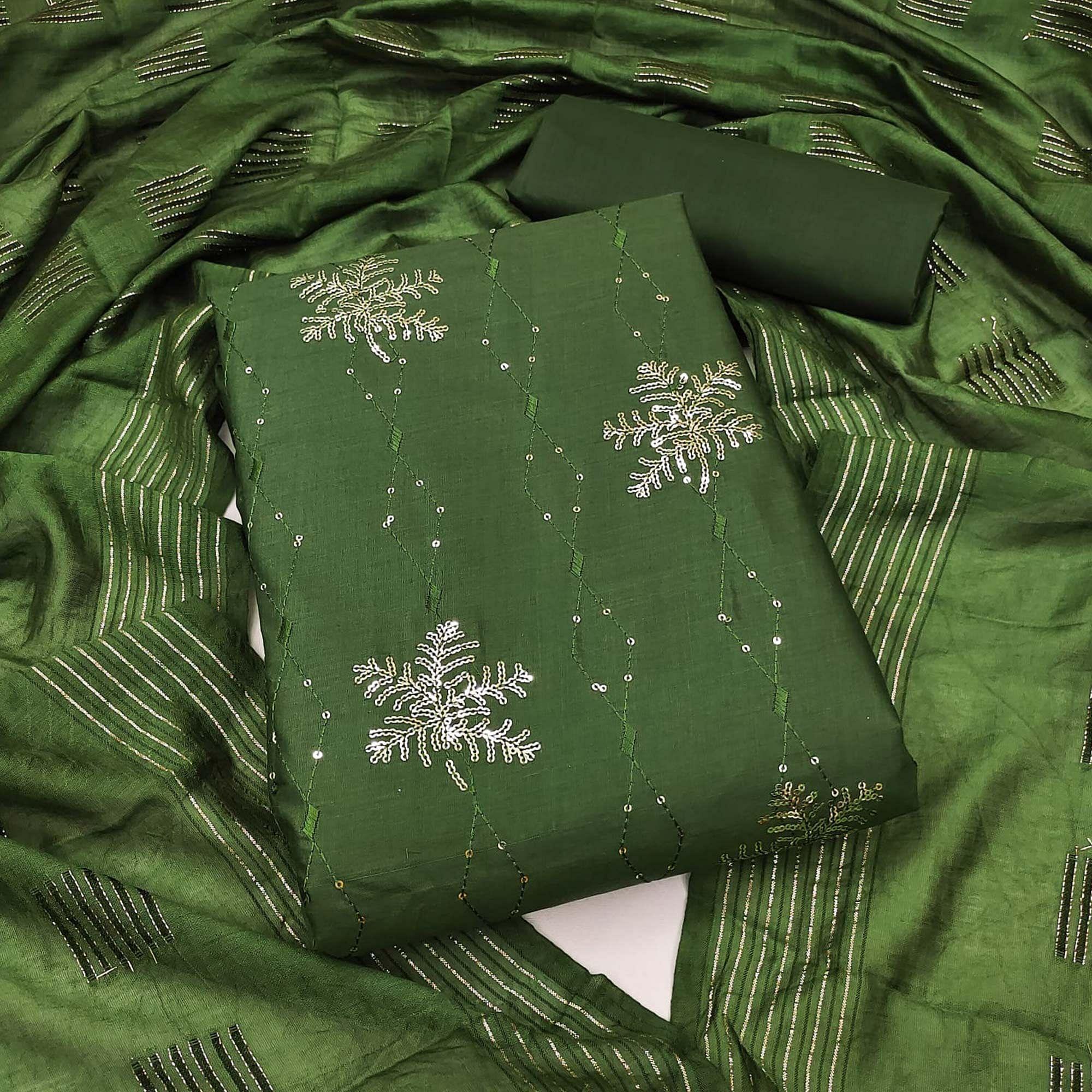 Peachmode Bottle Green Sequins Embroidered Pure Cotton Dress Material