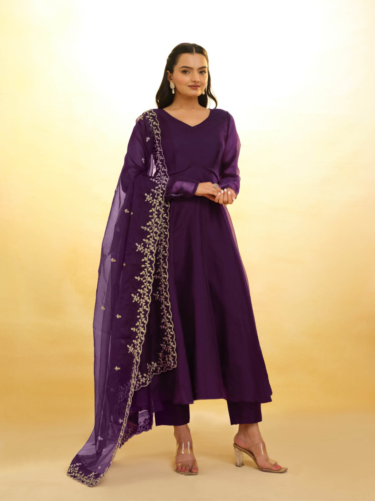 ClothsVilla Purple Organza Dress with Intricate Embroidery – Ready to Wear