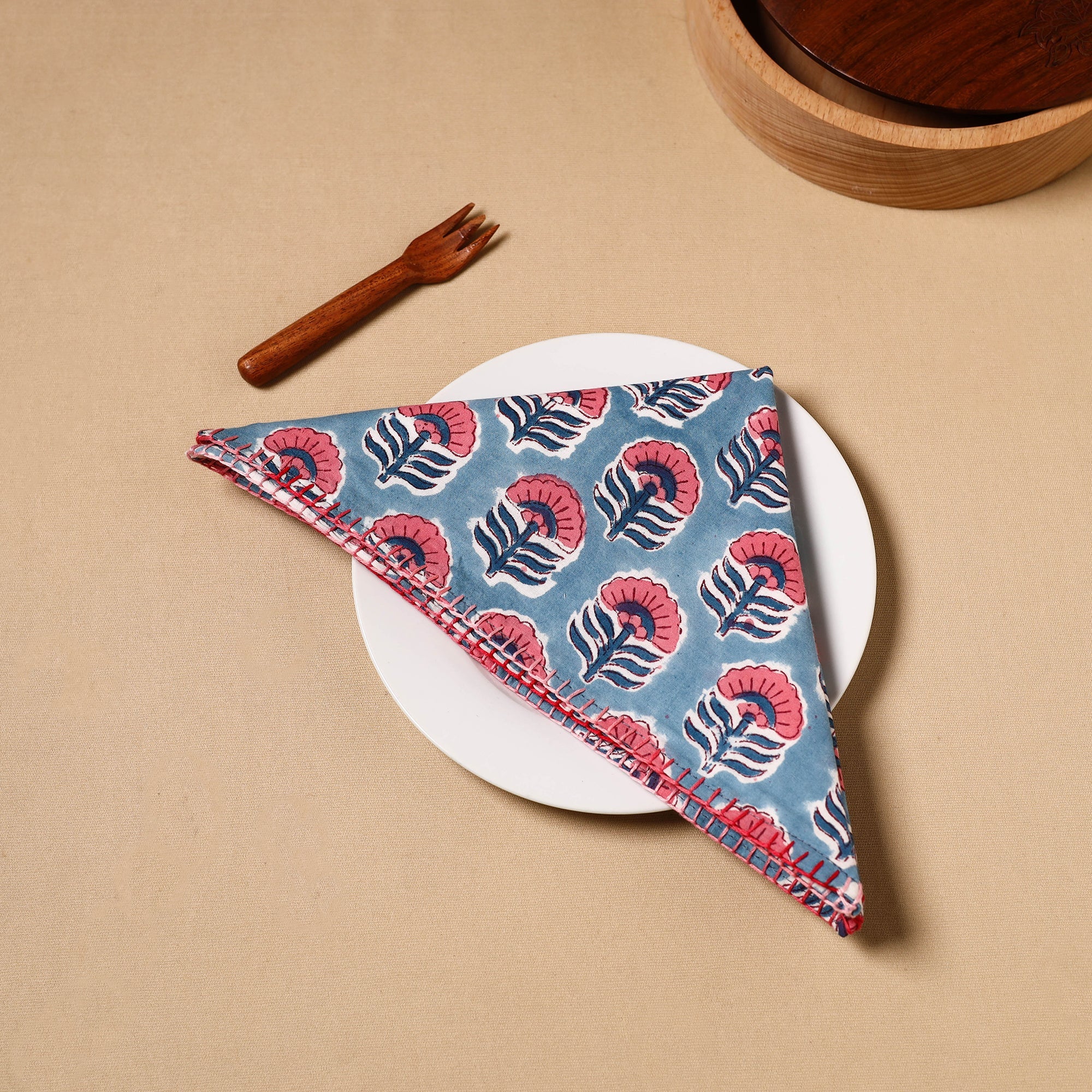 NOORI BAZAR Blue - Floral Block Print Cotton Hand Embroidery Table Napkin 05