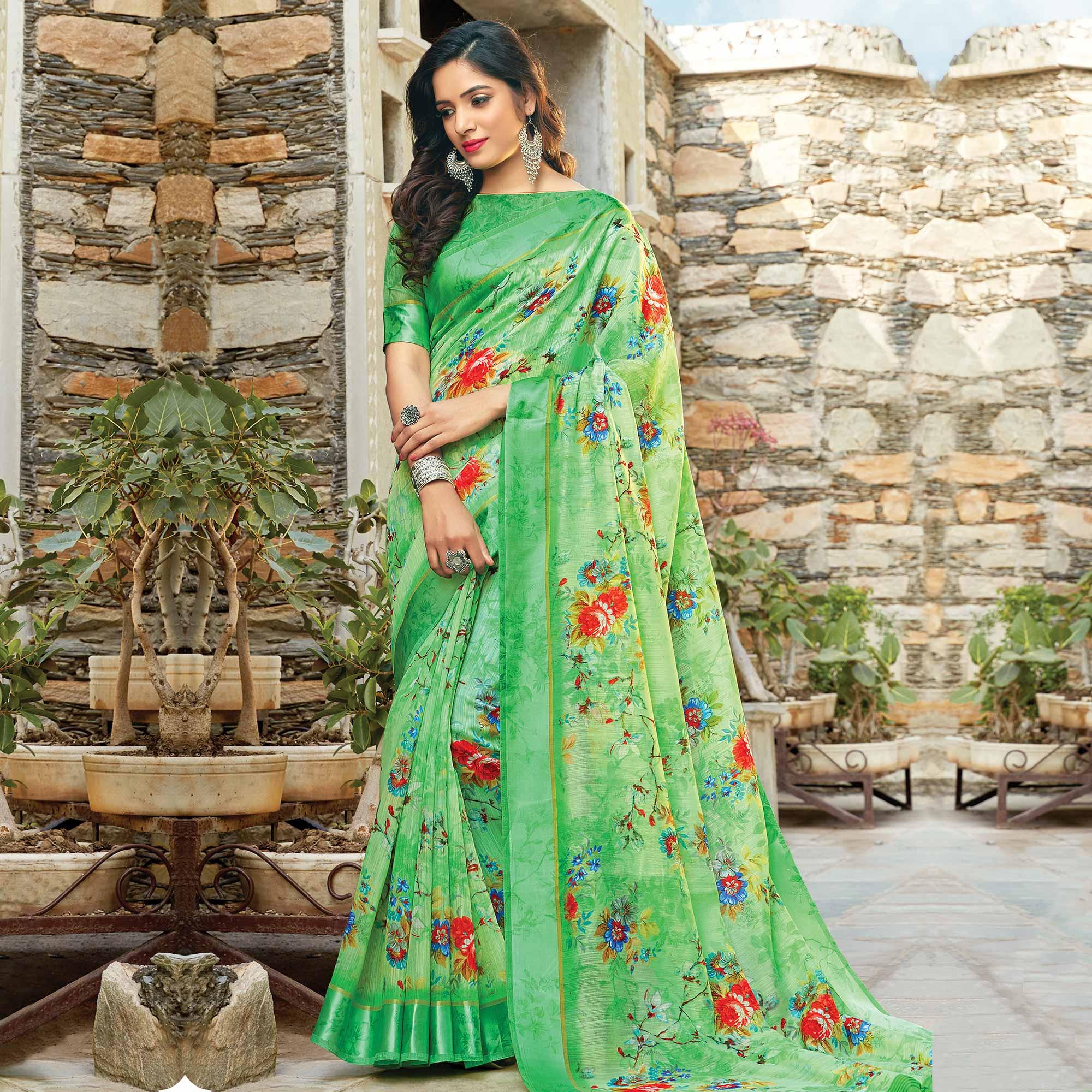 Peachmode Magnetic Green Colored Casual Wear Printed Cotton Saree