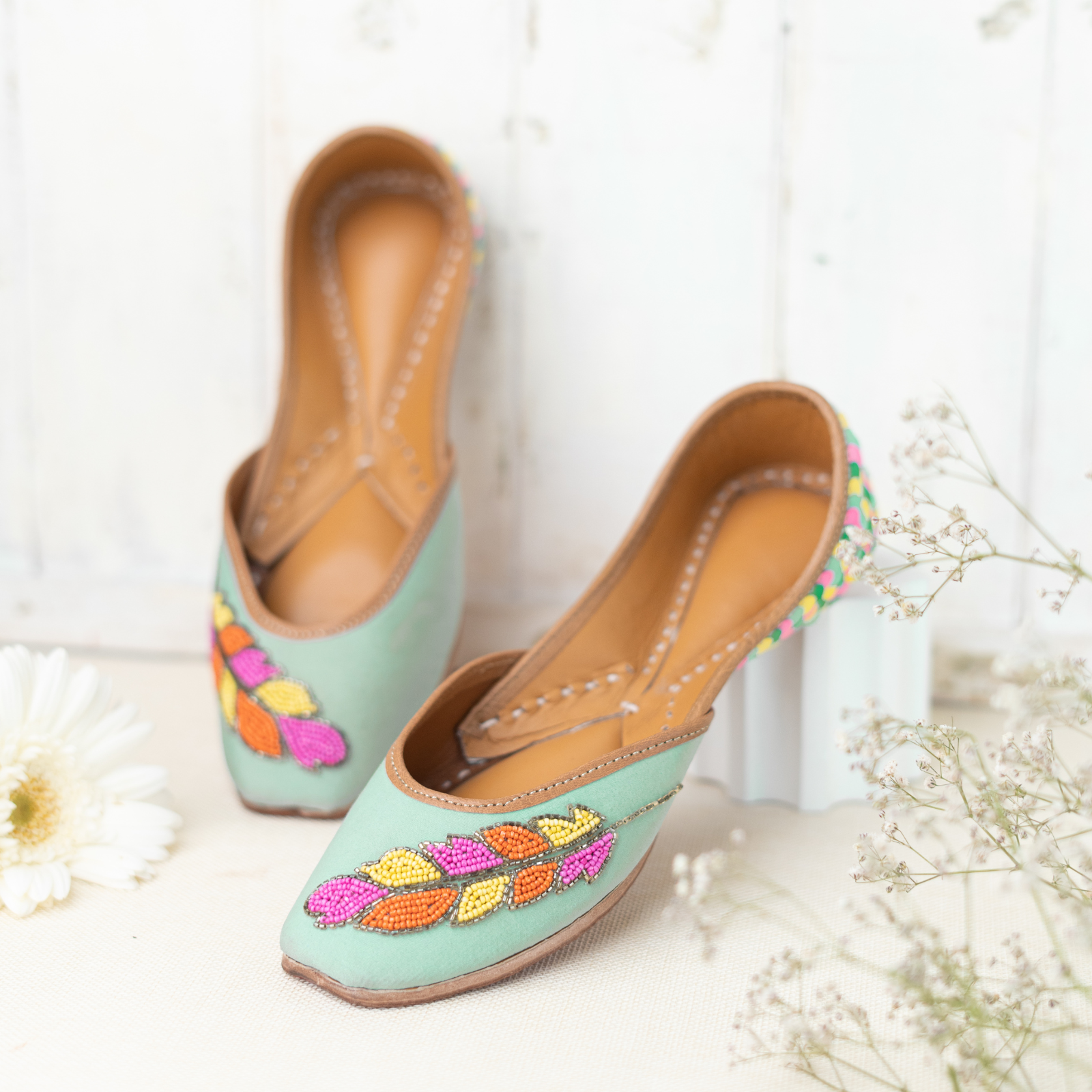 BlackTree Mint Green Sequins and Beaded Leaf Jutti - view 3