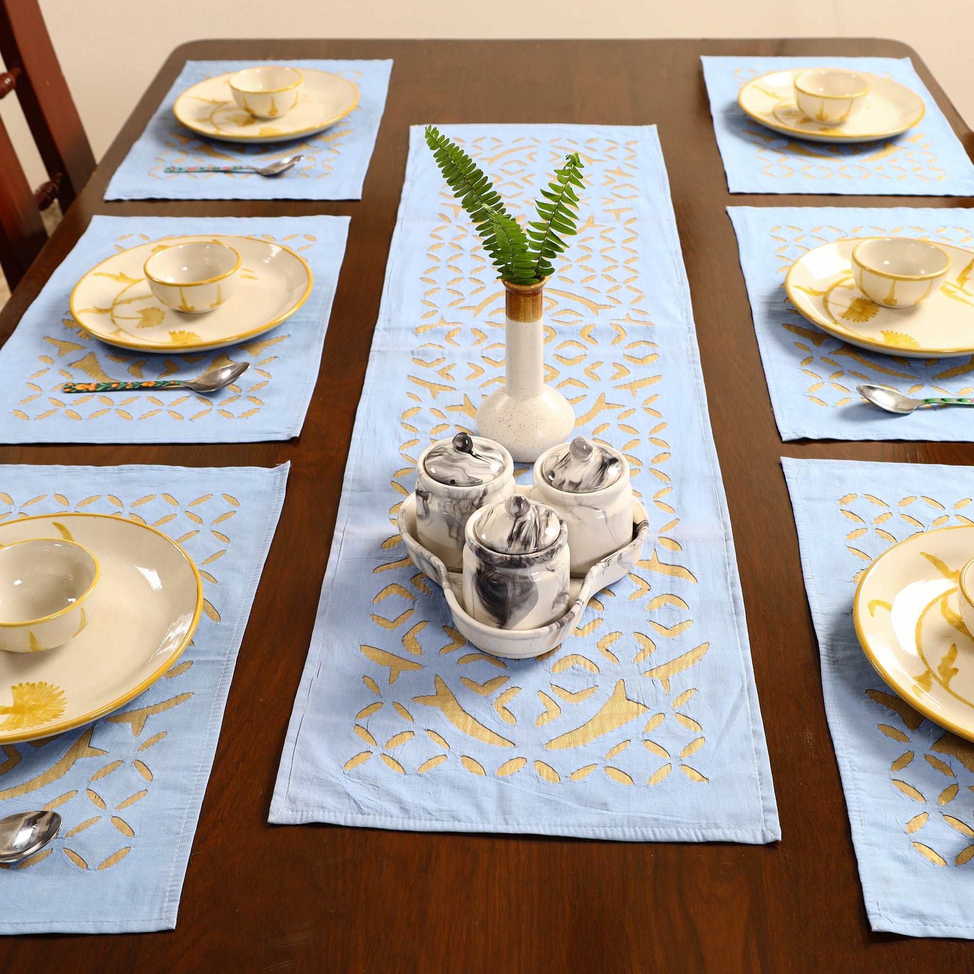 SHADES OF MARUDHARA Blue - Applique Cut Work Table Runner with Table Mat Set 14 - view 3