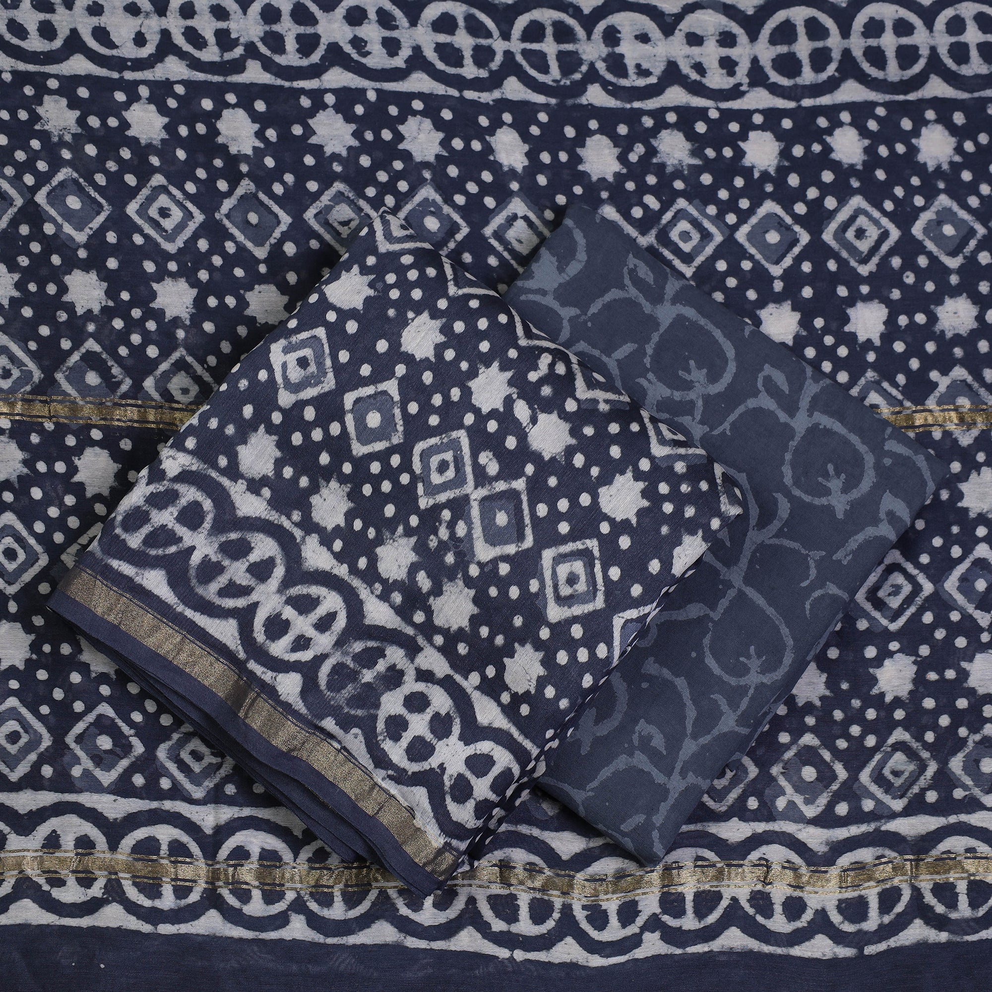 ARTISAN HAND BLOCK PRINTS Blue - 3pc Bagru Block Print Chanderi Silk Suit Material Set - view 2