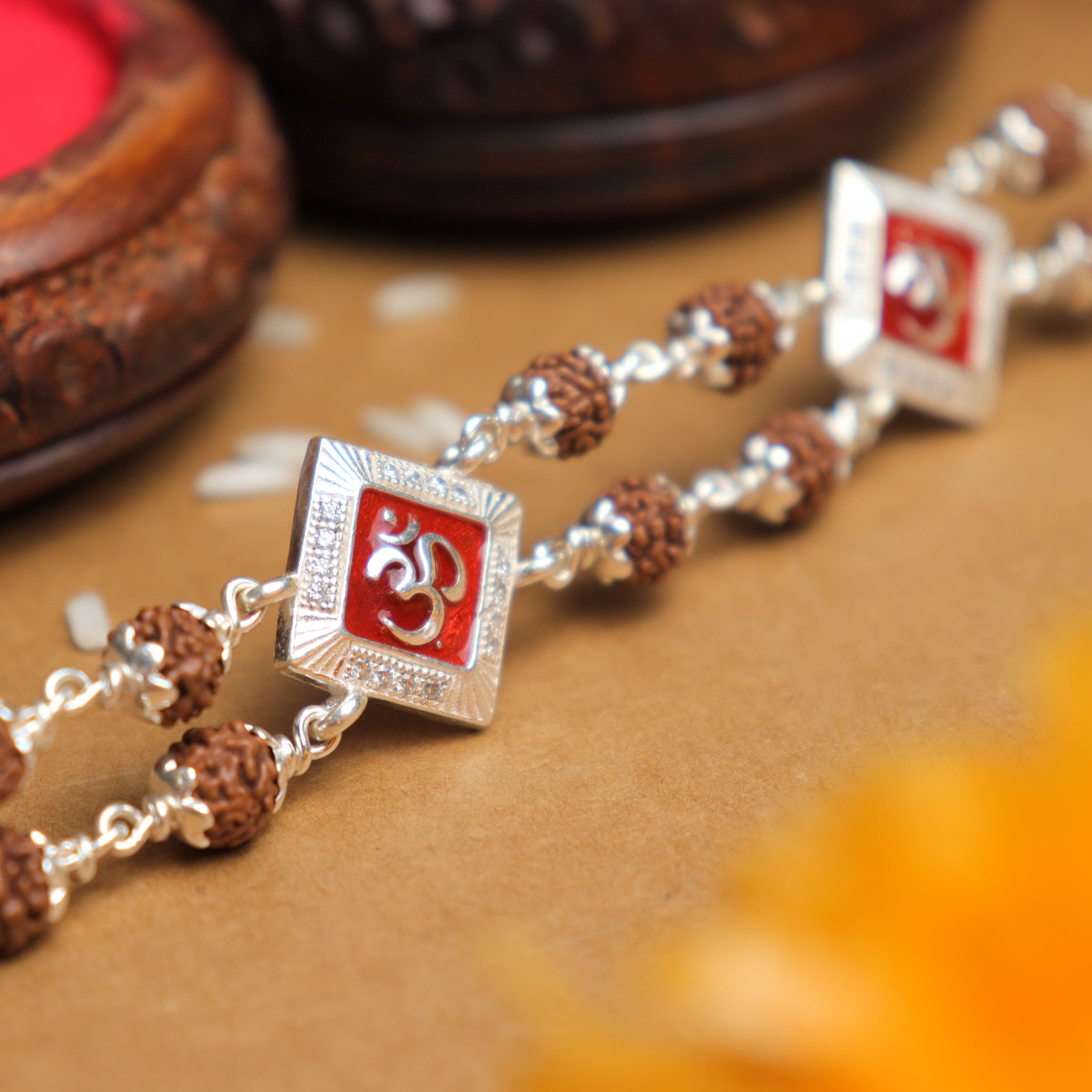 Prinjal Jewellers Silver Rakhi with Rudraksha and Two Om Symbols, Double Line Design
