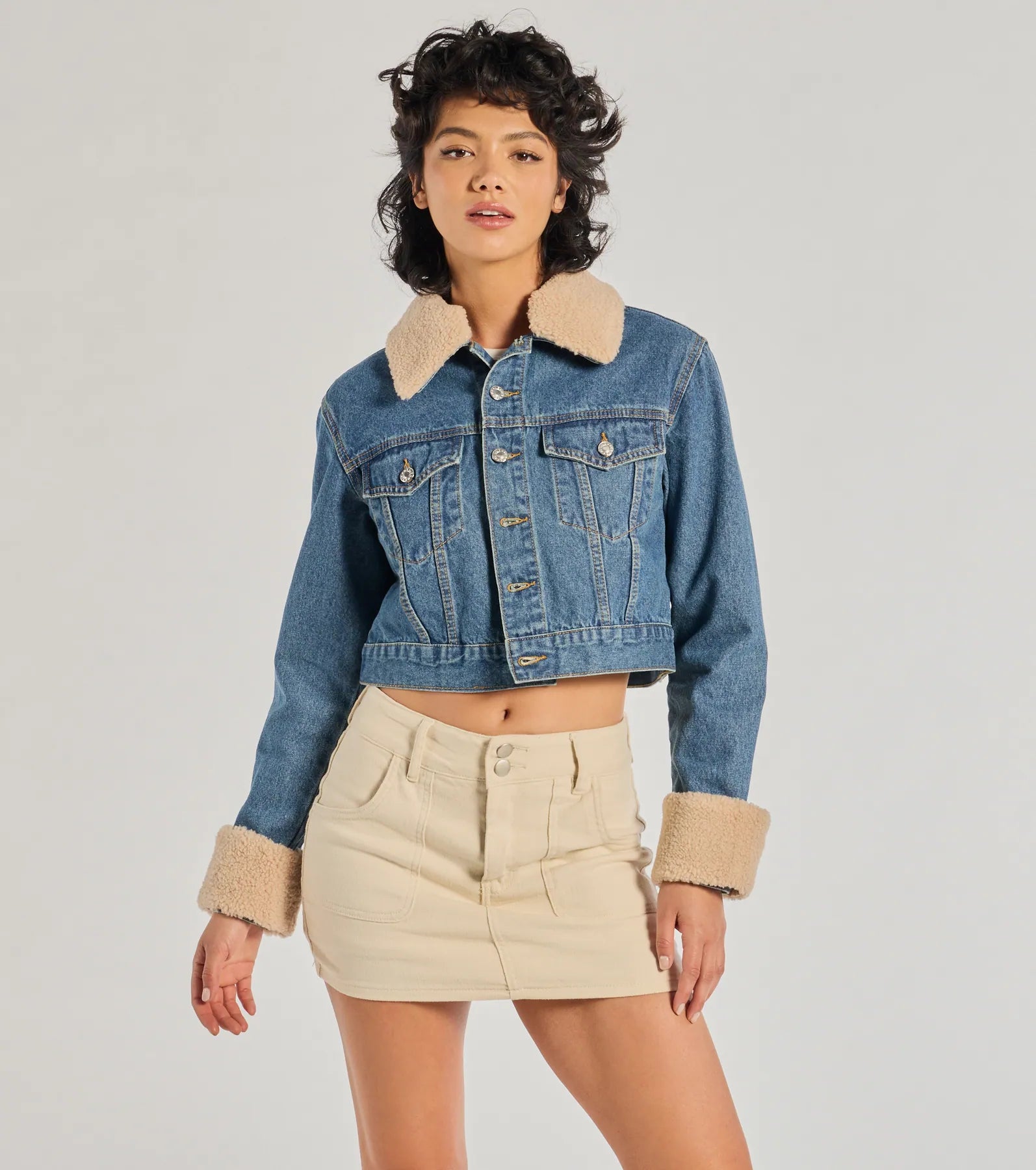 Windsor Trendy Faux Sherpa Trimmed Denim Trucker Jacket