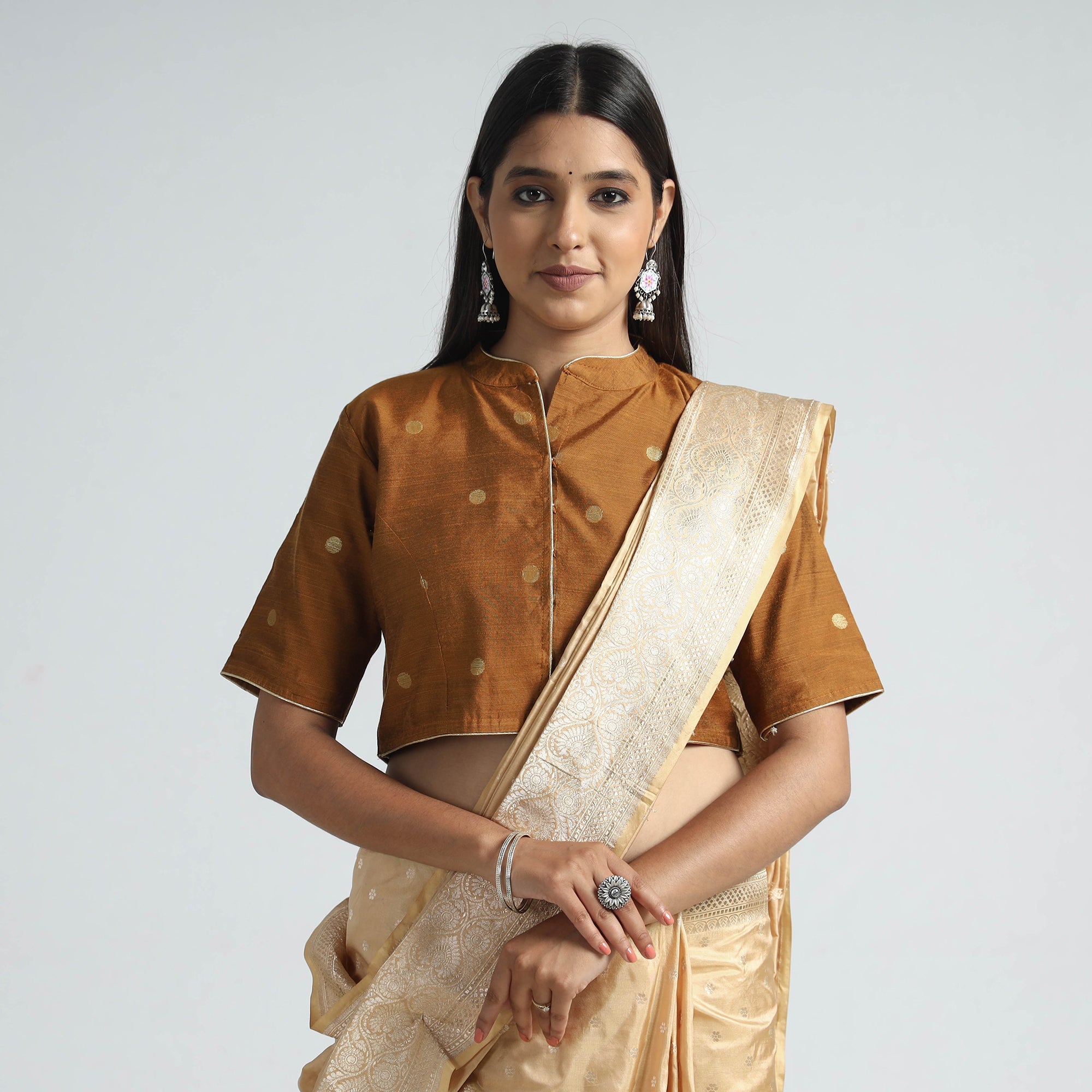 ITOKRI CASUALS Brown - Polka Dot Zari Buti Viscose Silk Stitched Blouse - view 2